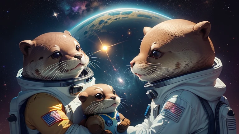 there is a cartoon otter in a space suit with other otters, outter space, outerspace, outer space, in outer space, from outer space, dreaming of outer space, cute otter, anthropomorphic otter in costume, anthropomorphic furry otter, liminal space in outer space, liminal space in outer space, galaxies and stars in the background