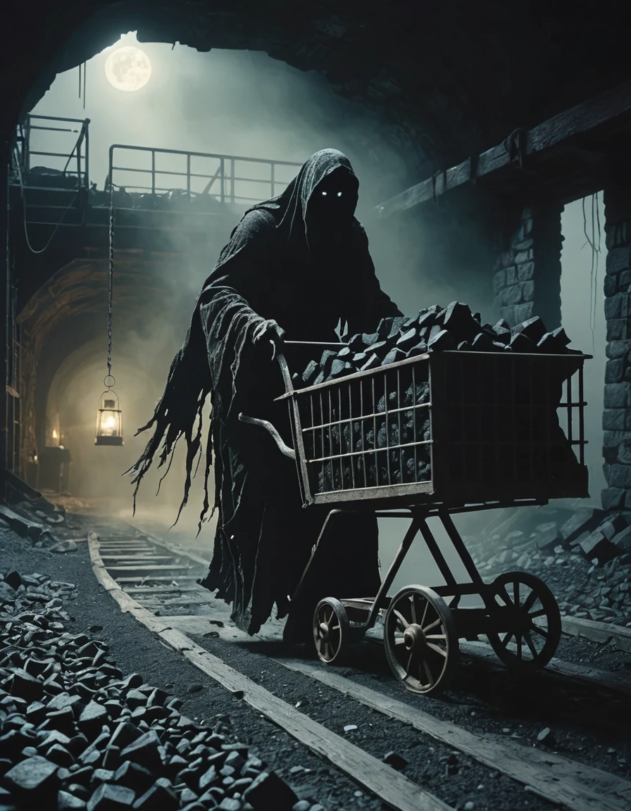 medium full shot shot, A ghostly figure pushing a cart of coal in an abandoned mine., (High Fantasy Art Magical mythical enchanted epic enigmatic spellbinding :1.3)