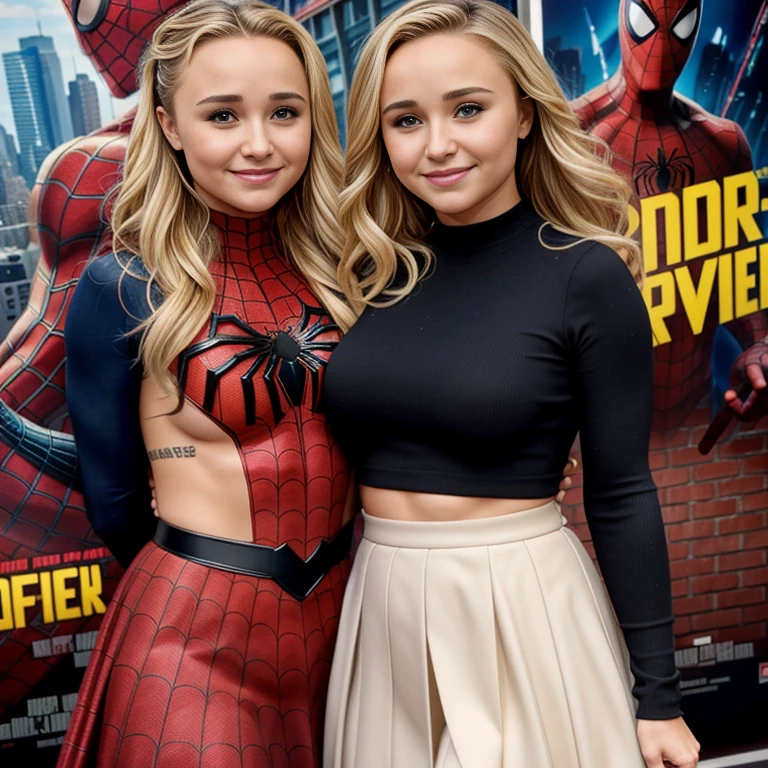Hayden Panettiere、マーベル・コミック映画のPoster, Very beautiful, Movies about Spiderman, sexy, whole body, I'm wearing a skirt、Premiere date, Poster、belly buttonを突き出す、new york、She's wearing a torn Spider-Man suit,The suit is torn、Wearing a skirt、 Red and black color scheme,dynamic、masterpiece、highest quality、Ultra-detailed、Very detailed、A delicate and beautiful shine、超A high resolution、Cinematic,Break,Breakdrop,(Torn clothes:1.5), (Wet clothes:1.4), Bare shoulders,Real Rain,Wet Hair,belly button、Exposing Skin、sexyな肩を見せてる