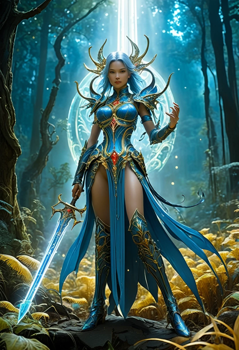 best quality,4k,8k,highres,masterpiece:1.2,ultra-detailed,realistic:1.37,HDR,UHD,ultra-fine painting,sharp focus,physically-based rendering,extreme detail description,professional,art nouveau,tarot card style, (2characters), dynamic angle, dynamic pose, fierce expression, Full body, alien female, A female spellblade wielding a translucent blue sword is accompanied by a guardian spirit. The sword hungers for souls as it glows with ethereal energy. The woman is protected by the guardian spirit, which emanates a comforting and powerful presence., Flowing silver hair., The atmosphere is reminiscent of the mysterious and enchanting world of the Final Fantasy X game, with elements of JRPG. The scene is filled with vibrant colors, capturing the essence of the fantasy universe. The lighting casts a warm glow, highlighting the intricate details of the female spellblade, and the guardian spirit. As the female spellblade gracefully maneuvers her weapon, the kodama spirits watch from the surrounding forest, adding an extra layer of magical intrigue to the scene., Concept art inpired by Jean Giraud Moebius, The overall quality of the generated image is of the highest standard, with ultra-detailed visuals to bring this captivating composition to life. The artwork is reminiscent of a masterpiece, exhibiting the finest craftsmanship in the medium of digital illustration., Yoshitaka Amano style, fractalized, organic exoskeleton,glass exoskeleton,alien flora,(bioluminescent fungi),vivid colors,pale red hues,trending on cgsociety,landscape,horror,sci-fi,concept artists,bright and vibrant colors,dreamy lighting