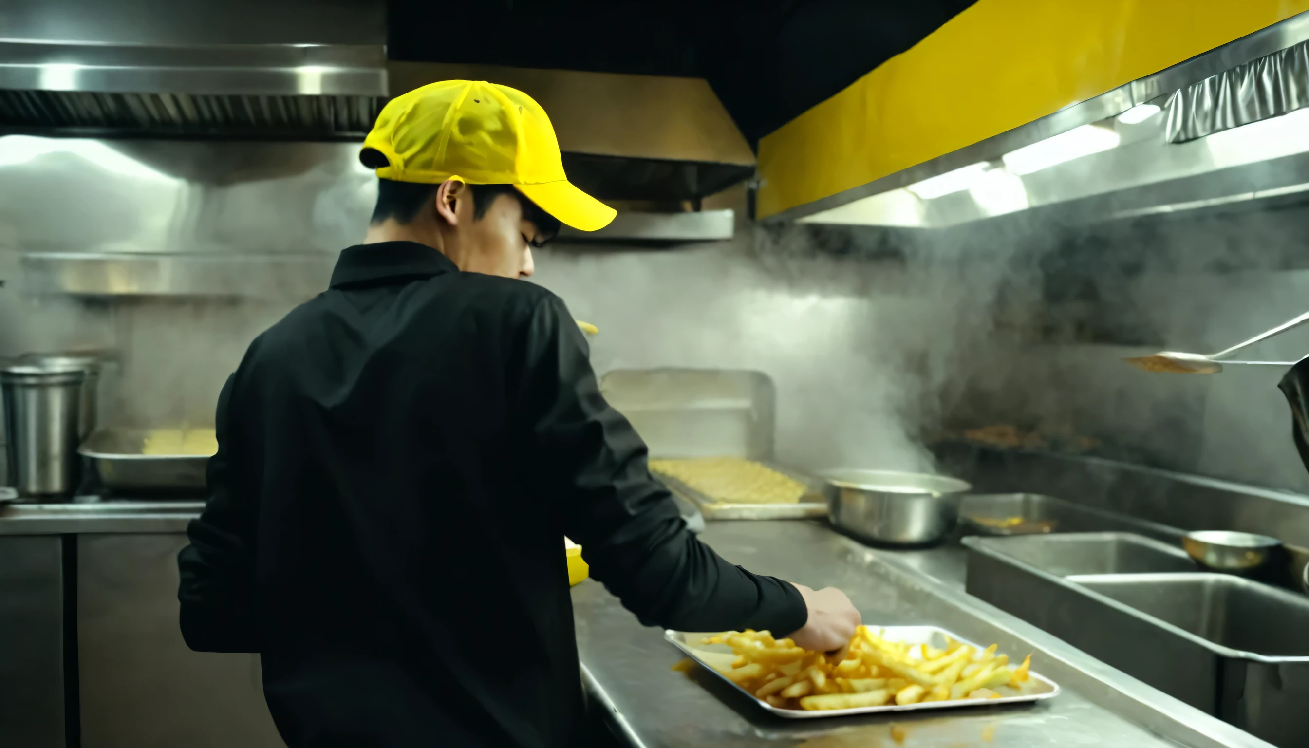 Depressive photo of a slim asian young man, his back to the camera, in the kitchen of a fast food restaurant, french fries in boiling oil, young man wearing black and yellow with a black hairnet and black long arm sleeves, 4k, high resolution