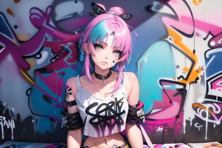 1girl, solo, crop top, denim shorts, choker, (graffiti:1.5), paint splatter, against wall, looking at viewer, armband, thigh strap, head tilt, bored, multicolored hair, aqua eyes, headset, sitting posing for a photo, side view, (Highly detailed), (high resolution), (Best quality), (masterpiece)