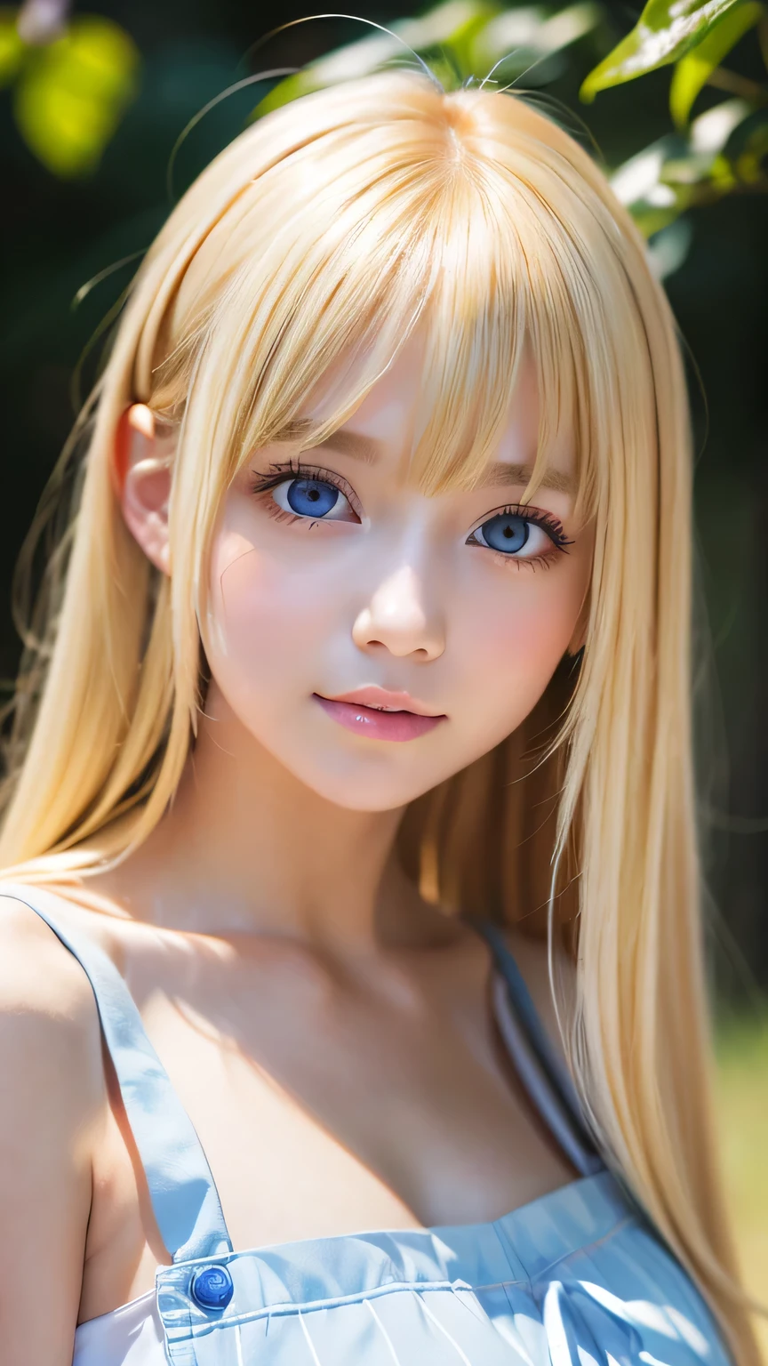 (Close-up:1.4)、(RAW shooting:1.2)、(Photorealistic:1.4)、(masterpiece:1.3)、(highest quality:1.4)、Bright expression、very beautiful blonde girl、Extraordinary blonde beauty、Detailed cute and beautiful face、Beautiful bangs above the eyes、Shiny white glossy skin、Facial hair、Bangs that reach the face、Bangs between the eyes、Super long blonde hair、Attractive bright natural platinum blonde super long straight silky hair、Thin Hair、Attractive shining beautiful bright clear light blue big eyes、White Apron、Yellow dress、eyeliner、Double eyelids、Ample Bust、Upper body、