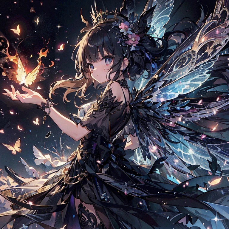 (Exquisite, beautiful, Very detailed, masterpiece, high resolution,high quality,High resolution),(Well-formed face,soft thin lines: 1.2, Beautiful, delicate and vivid illustrations with a mature and clear feel), 両手の指輪からinflammation火やを操る妖精が宙に浮いている,A delicate and beautiful adult fairy princess with transparent, black wings growing from her back.,Dark Night,inflammation,sparks,From a little distance,She's wearing a tiara, earrings, necklace and bracelets.,), ((inflammationがモチーフの赤と白と黒のボールガウンドレス:1.1, Balloon sleeves, Jewels, ribbons, lace and frills, Fairy wings from the back:1.5)), (Long fingers,Pale pink blush, Plump pink lips,Beautiful and clear eyes,Large Bust, Fair skin, Black knee-highs,Good style),pastel colour, Fantasy,Whole body,flare up