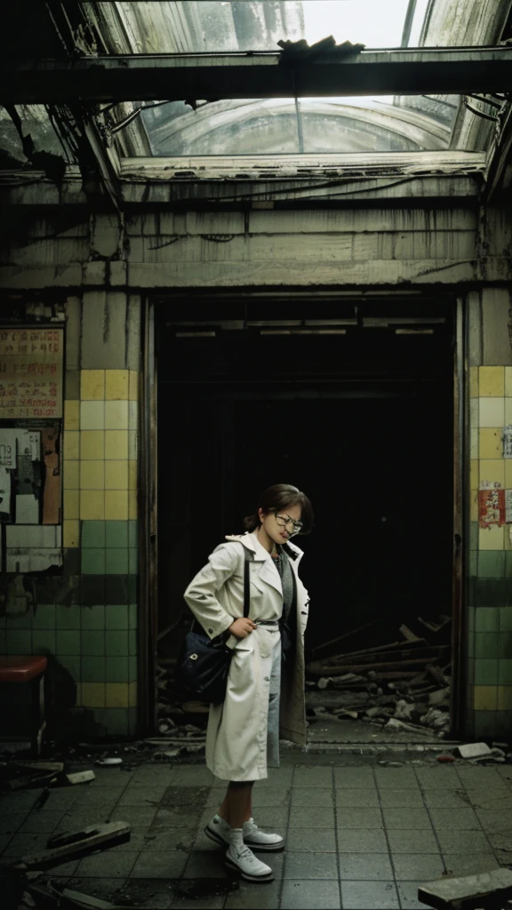 subway,Showa,Collapse,Devastation,Inside the ruins,Glasses,Women,adventure,Black and White,