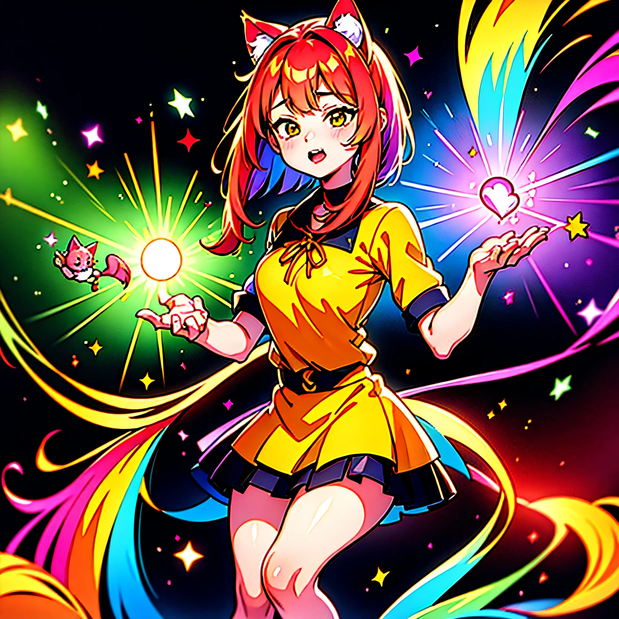 a painting of a colorful kitten on a black background,, breathtaking rendering, within a radiant connection, inspired by Kinuko Y. Craft,, magical elements, kitten icon, wow, is beautiful, casting a multi colorful spell, bright flash, flash