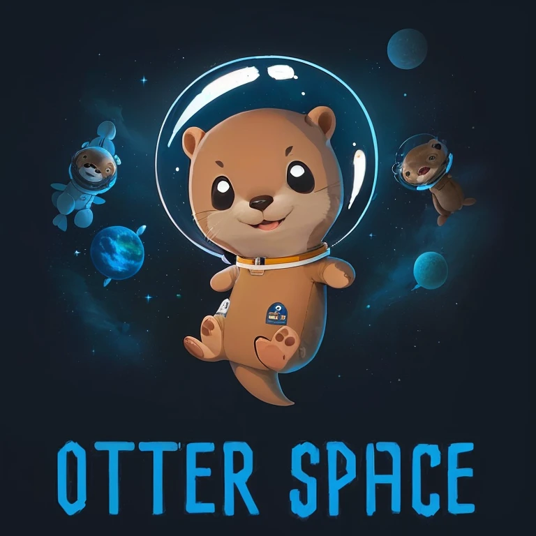there is a cartoon otter in a space suit with other otters, outter space, outerspace, outer space, in outer space, from outer space, dreaming of outer space, cute otter, otter wearing a space suit, anthropomorphic otter in costume, anthropomorphic furry otter, liminal space in outer space, liminal space in outer space!!!