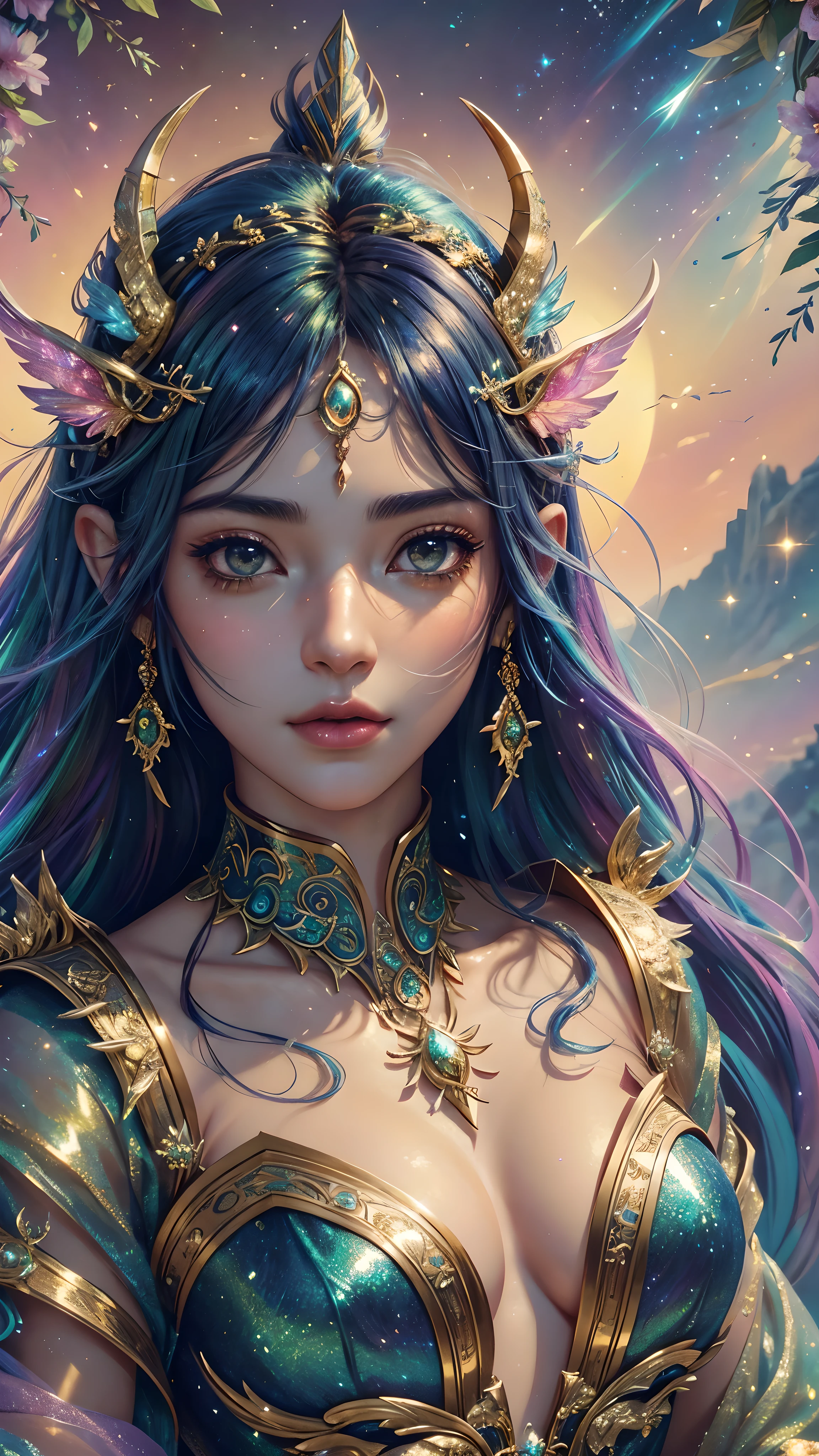 This is a highly detailed and semi-realistic fantasy art image with beautiful layers of shimmer, glimmering silks, and a glittering aesthetic. Create a beautiful and bold dragon woman. The woman resembles Aaliyah. She should have intricate and elegant horns, detailed and multi-colored scales, and a striking face. Her eyes are highly detailed with natural shading and realistic details. Include small and ornate details like smaller dragons and bright feathers. Use soft pastel hues with unexpected pops of bright color. Use compelling composition techniques and fantasy lighting to create a cinematic and unforgettable atmosphere. (((masterpiece))), (((best quality))), ((ultra-detailed)), (highly detailed CG illustration)