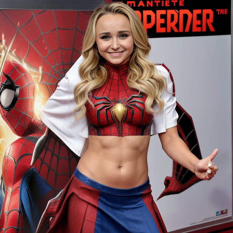 Hayden Panettiere、マーベル・コミック映画のPoster, Very beautiful, Movies about Spiderman, sexy, whole body, I'm wearing a skirt、Premiere date, Poster、belly buttonを突き出す、new york、She&#39;s wearing a torn Spider-Man suit,The suit is torn、Wearing a skirt、 Red and black color scheme,dynamic、masterpiece、highest quality、Ultra-detailed、Very detailed、A delicate and beautiful shine、超A high resolution、Cinematic,Break,Breakdrop,(Torn clothes:1.5), (Wet clothes:1.4), Bare shoulders,Real Rain,Wet Hair,belly button、Exposing Skin、sexyな肩を見せてる