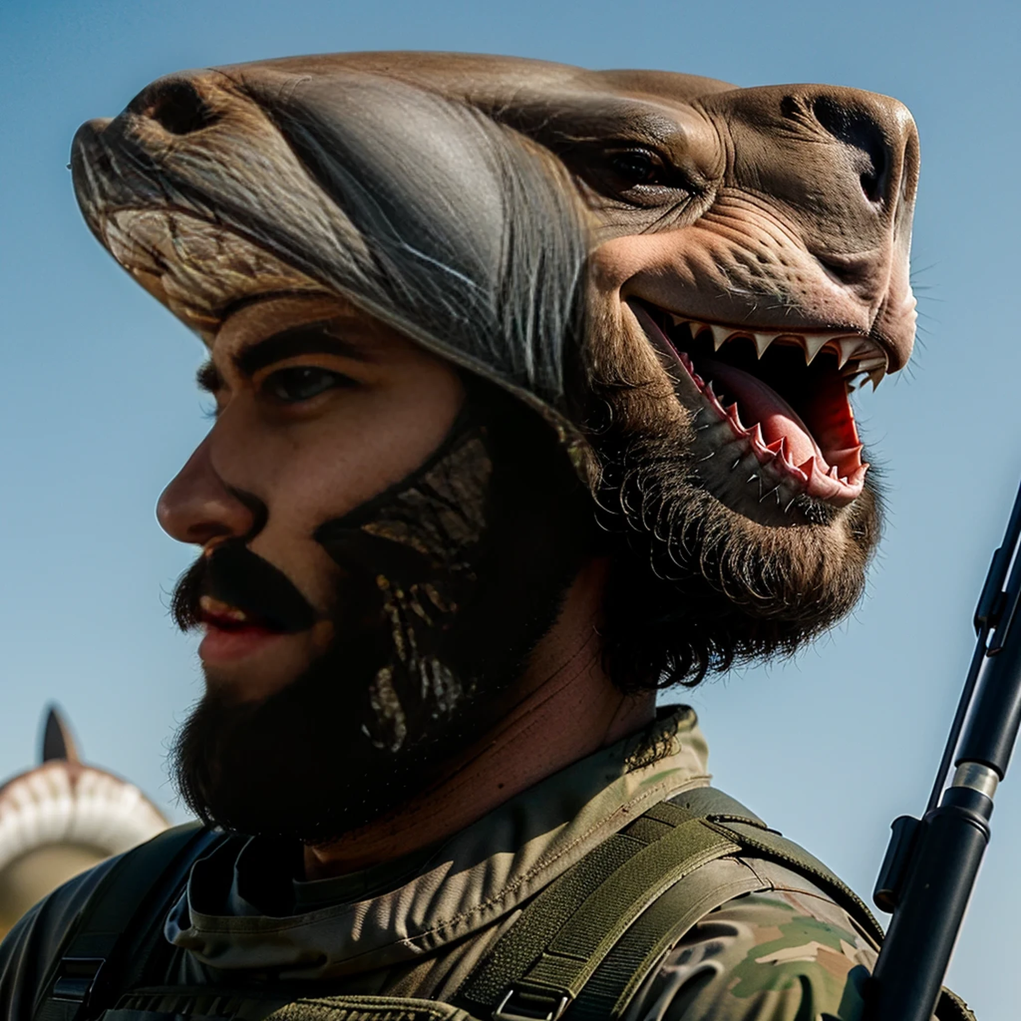 (Detailed description) (best quality) American man, American soldier, big beard, white shark animal, short hair, animal shark involved, going to war