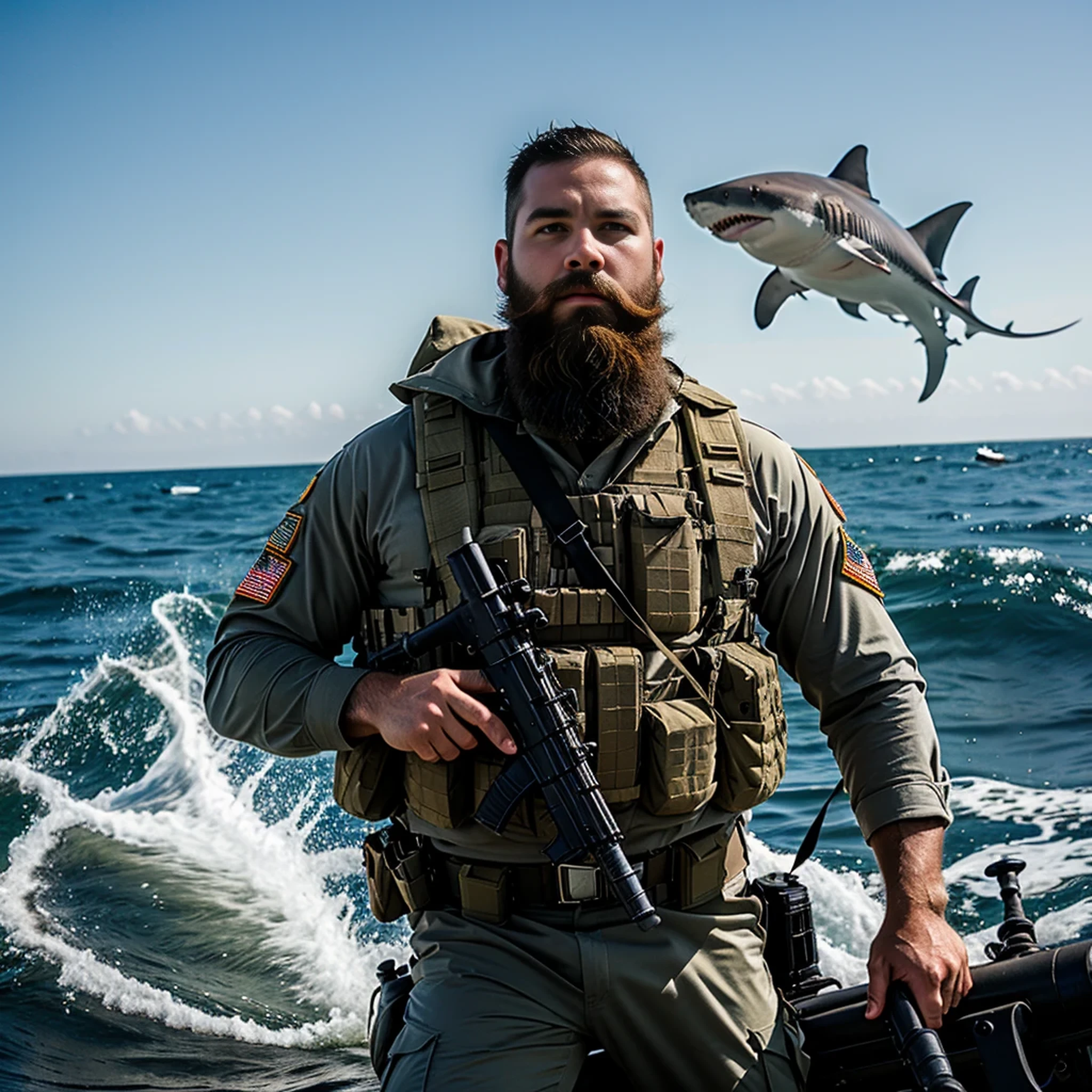 (Detailed description) (best quality) American man, American soldier, big beard, white shark animal, short hair, animal shark involved, going to war