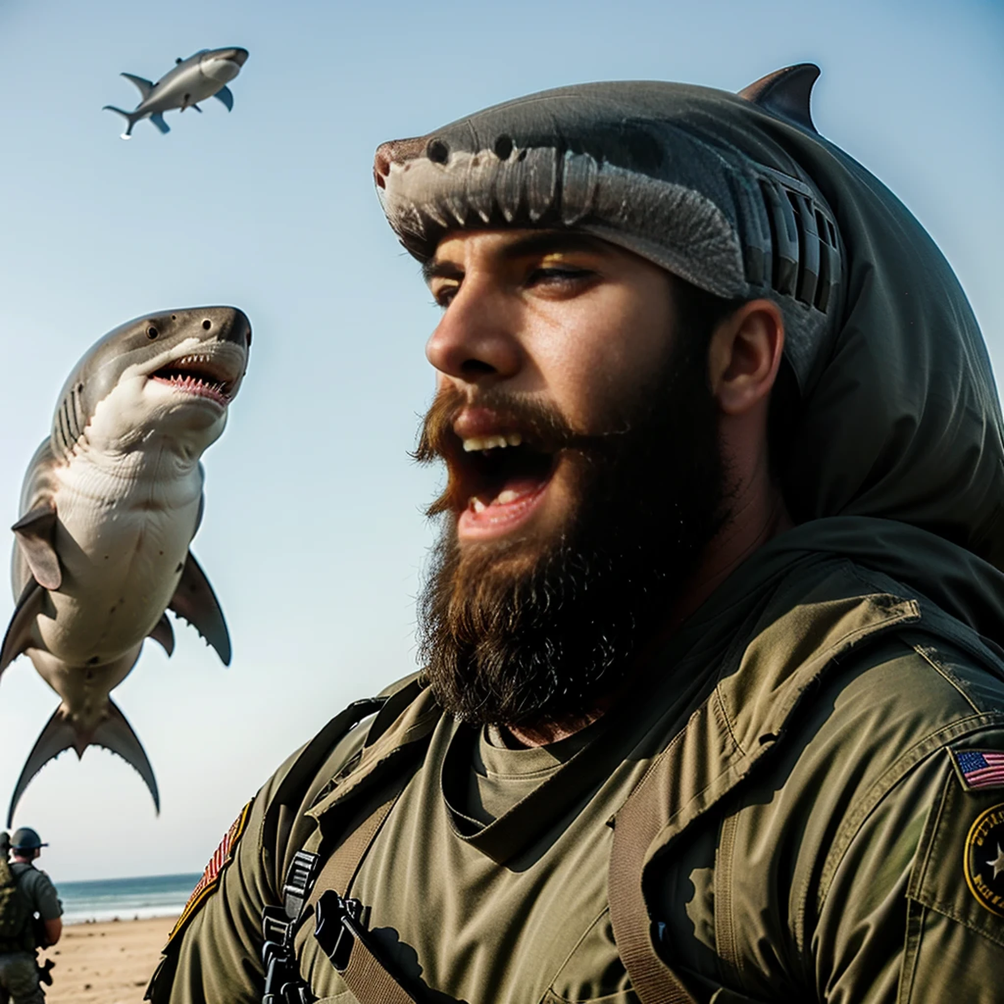 (Detailed description) (best quality) American man, American soldier, big beard, white shark animal, short hair, animal shark involved, going to war