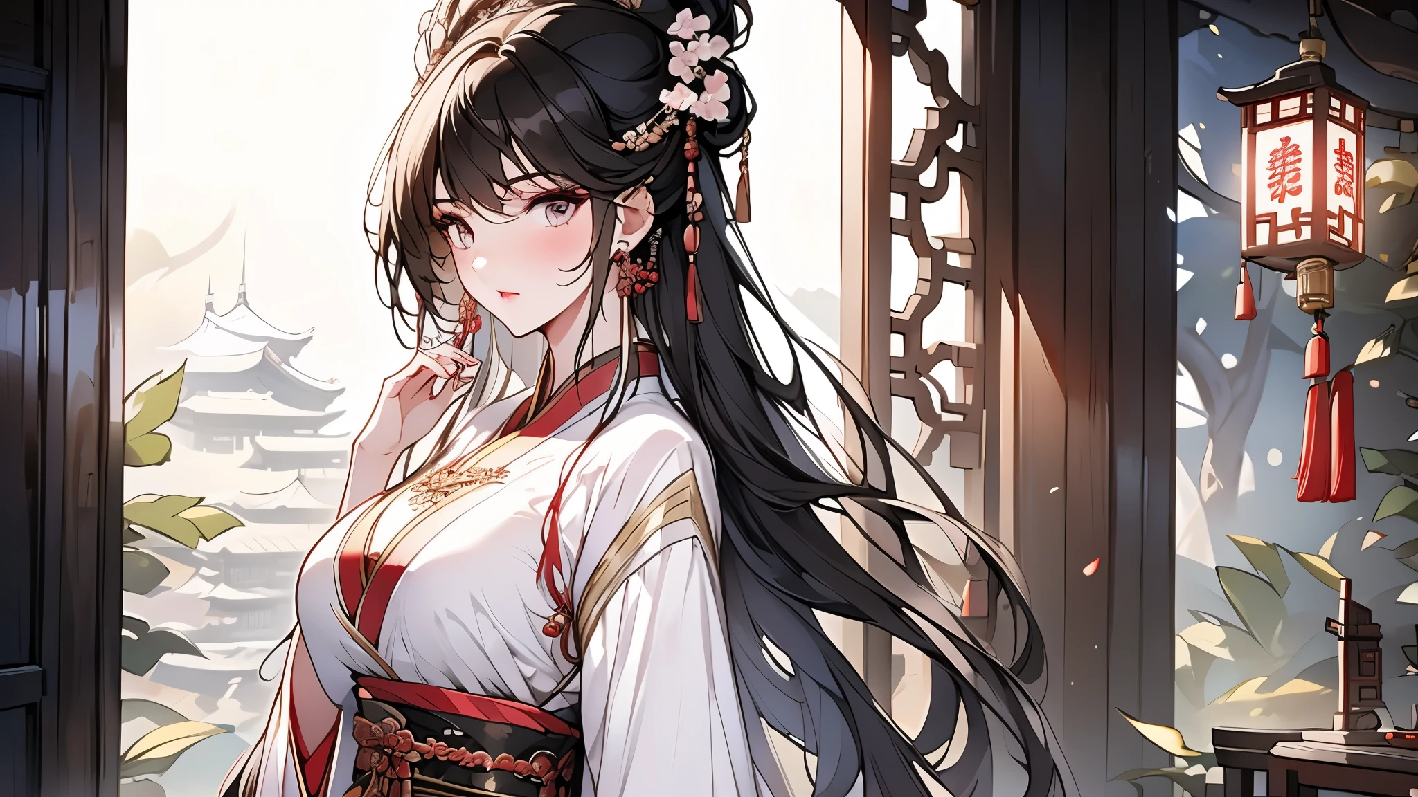 1 girl, solo,Chinese clothes，Hanfu，（Sweet lips），Full Body Love，masterpiece, Best quality, 8k, Movie Lighting, Ultra-high resolution, Chinese painting,  Floral scent, Hair accessories, White background, brunette color hair, Flowering, Chinese Arts, Hanfu, part, White hair, belt, 身体的上半part,Hanfu、jewelry、Long sleeve、Earrings and Nipple Rings，With futuristic elements