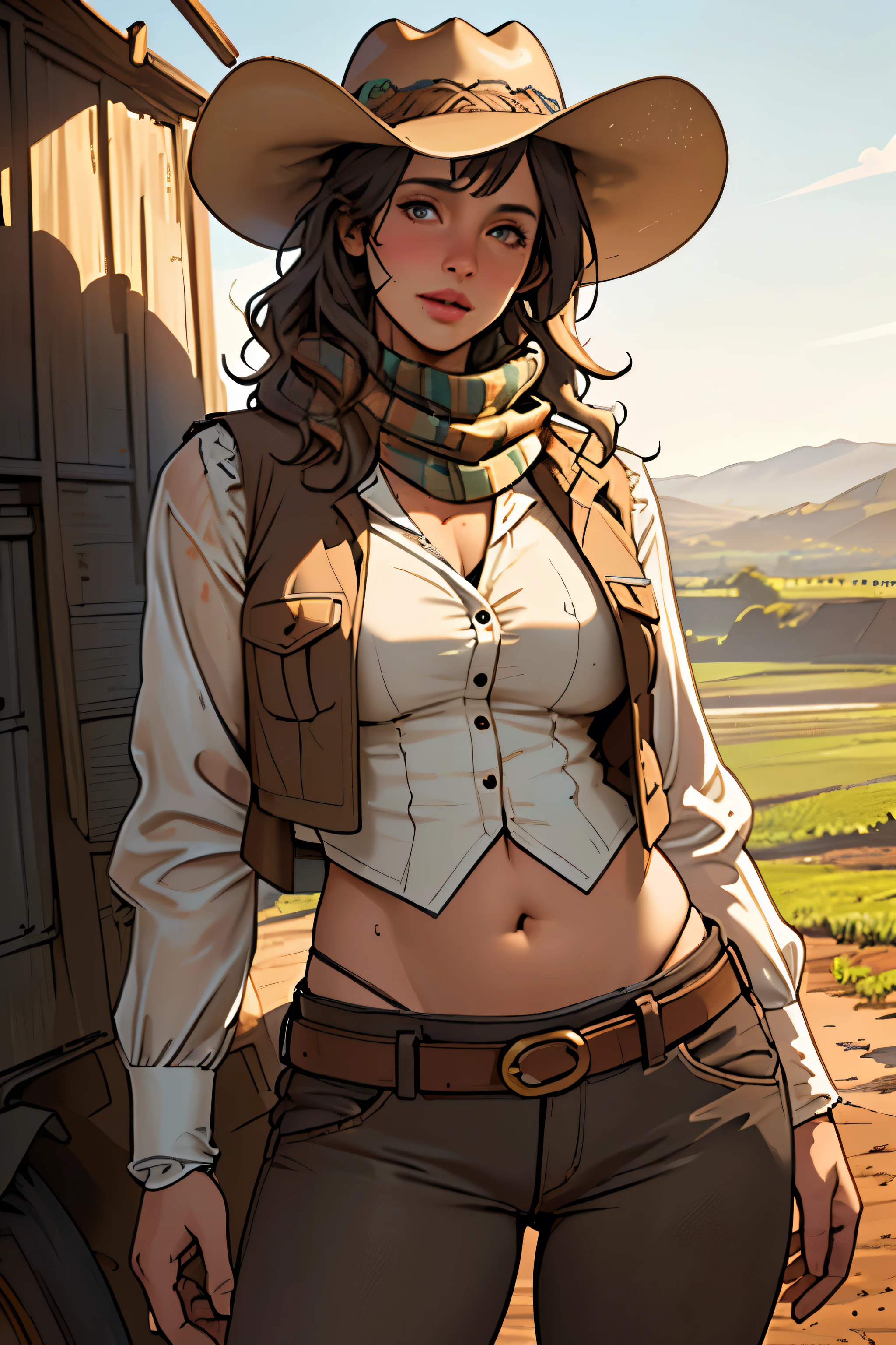 (highest quality, Super detailed, realistic:1.37), outdoor, girl, muddy, detailed and beautiful eyes, beautiful detailed lips, cowboy hat, vest with fringes, slim waist, wide hips, show belly, pants, scarf, With confidence, middle of chest, dusty farm landscape, golden hour lighting