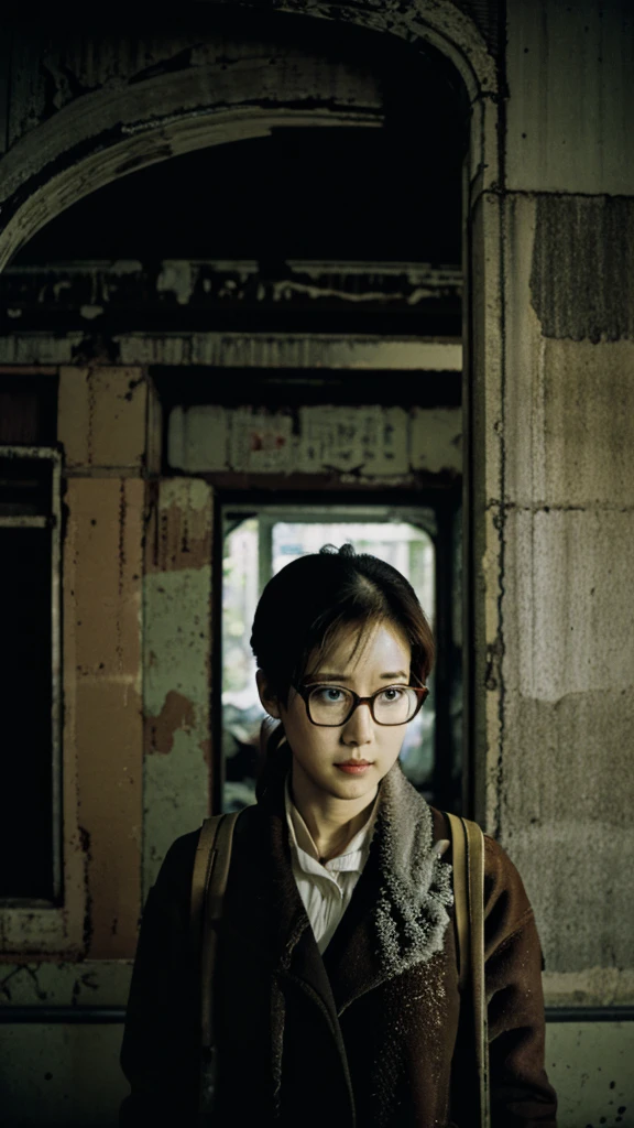 subway,Showa,Collapse,Devastation,Inside the ruins,Glasses,Women,adventure,Black and White,