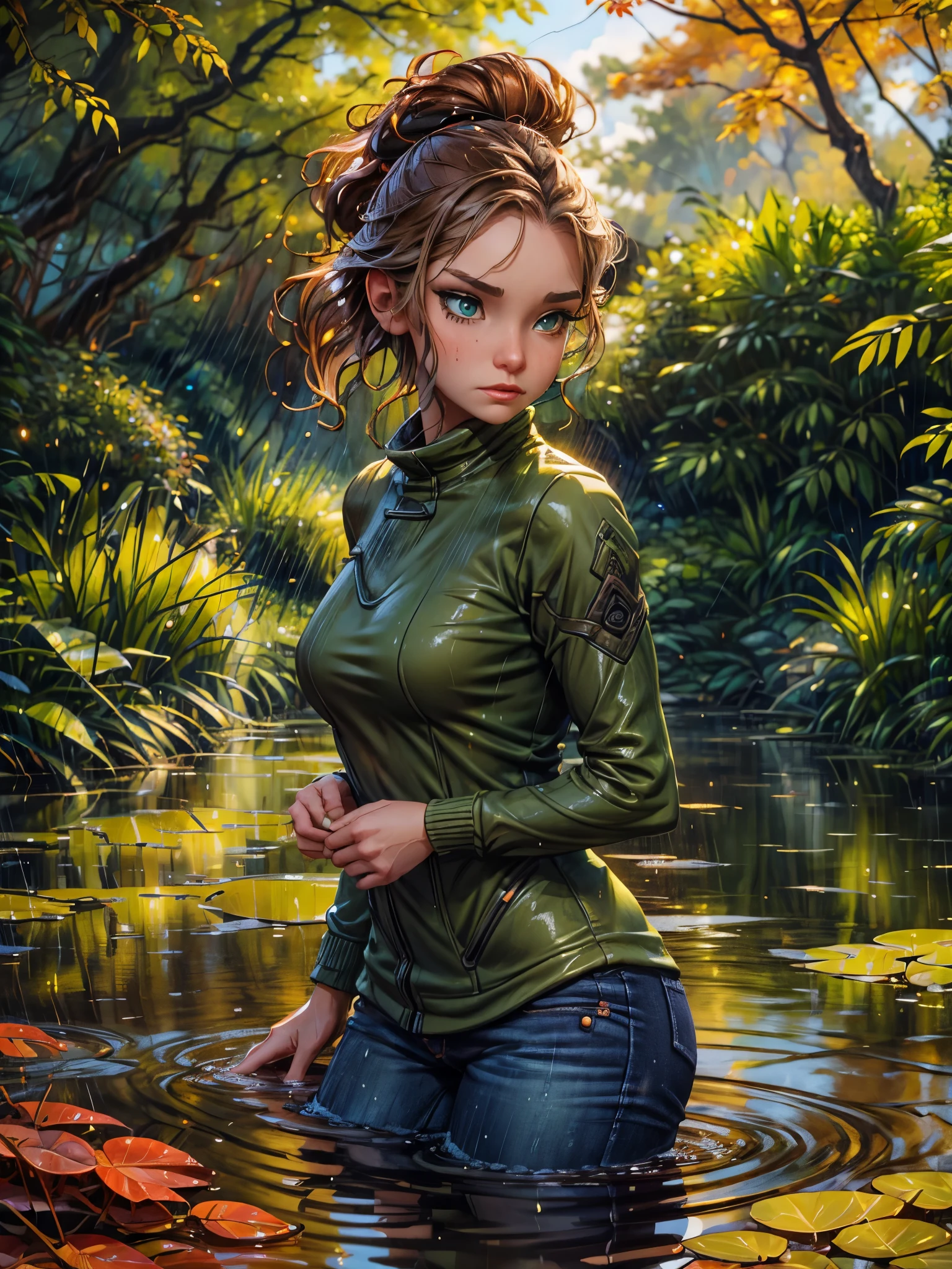 1girl, european girl, 18 years old, long light-brown hair, ponytail curvy hair, cute face, average breast, brassiere, cute panties, lake in forest, lake, source_realictic, deatiling painting, brown eyes, detailing body, detailing face, front view, in full growth, shy, at night, night, nightly forest