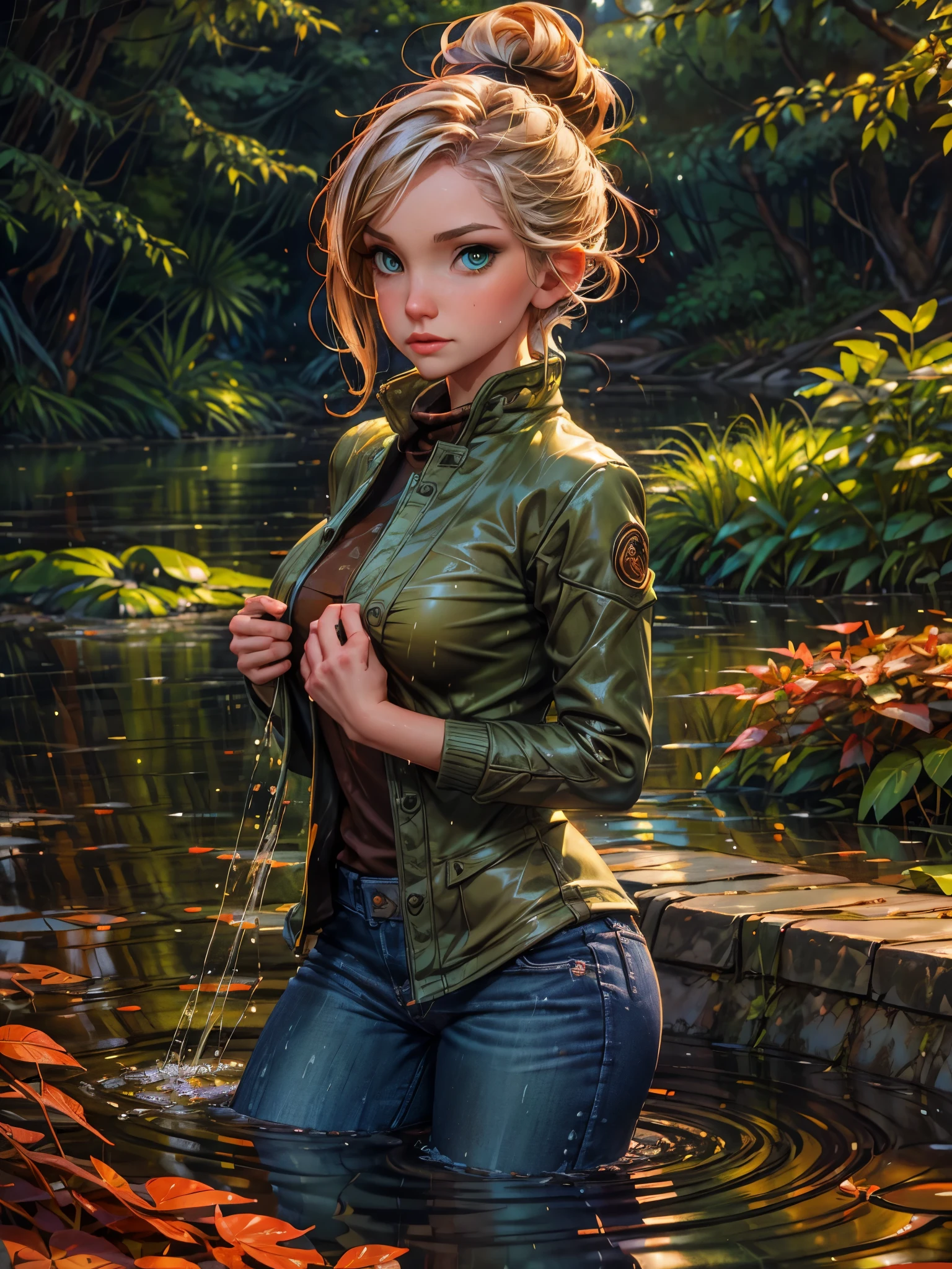 masterpiece, best quality, autumn outfit, colorful hair, outdoor,upper body, colorful autumnal clothes, ((fully clothed)), warm clothes, wet clothes, soaked, drenched, excited, wet hair, wet and slimy, water up to her chest, submerged, fantasy environment, fantasy chinese environment ,fantastical, vivid colors, varied poses, detailed green eyes, beautiful Asian girl, liz.ashley