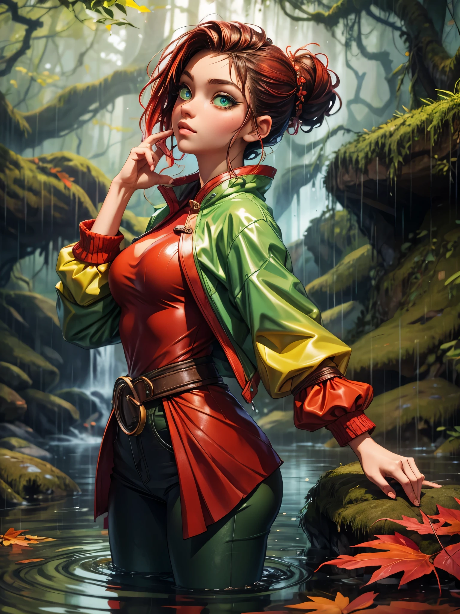masterpiece, best quality, autumn outfit, colorful hair, outdoor,upper body, colorful autumnal clothes, ((fully clothed)), warm clothes, wet clothes, soaked, drenched, excited, wet hair, wet and slimy, water up to her chest, submerged, fantasy environment, fantasy chinese environment ,fantastical, vivid colors, varied poses, detailed green eyes, beautiful Asian girl
