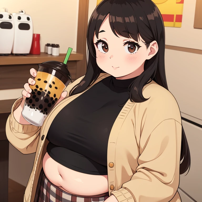 Chubby girl, plump belly, holding boba tea, wearing a beige cardigan over a black crop top, brown plaid skirt, chubby muffin top, looking at viewer