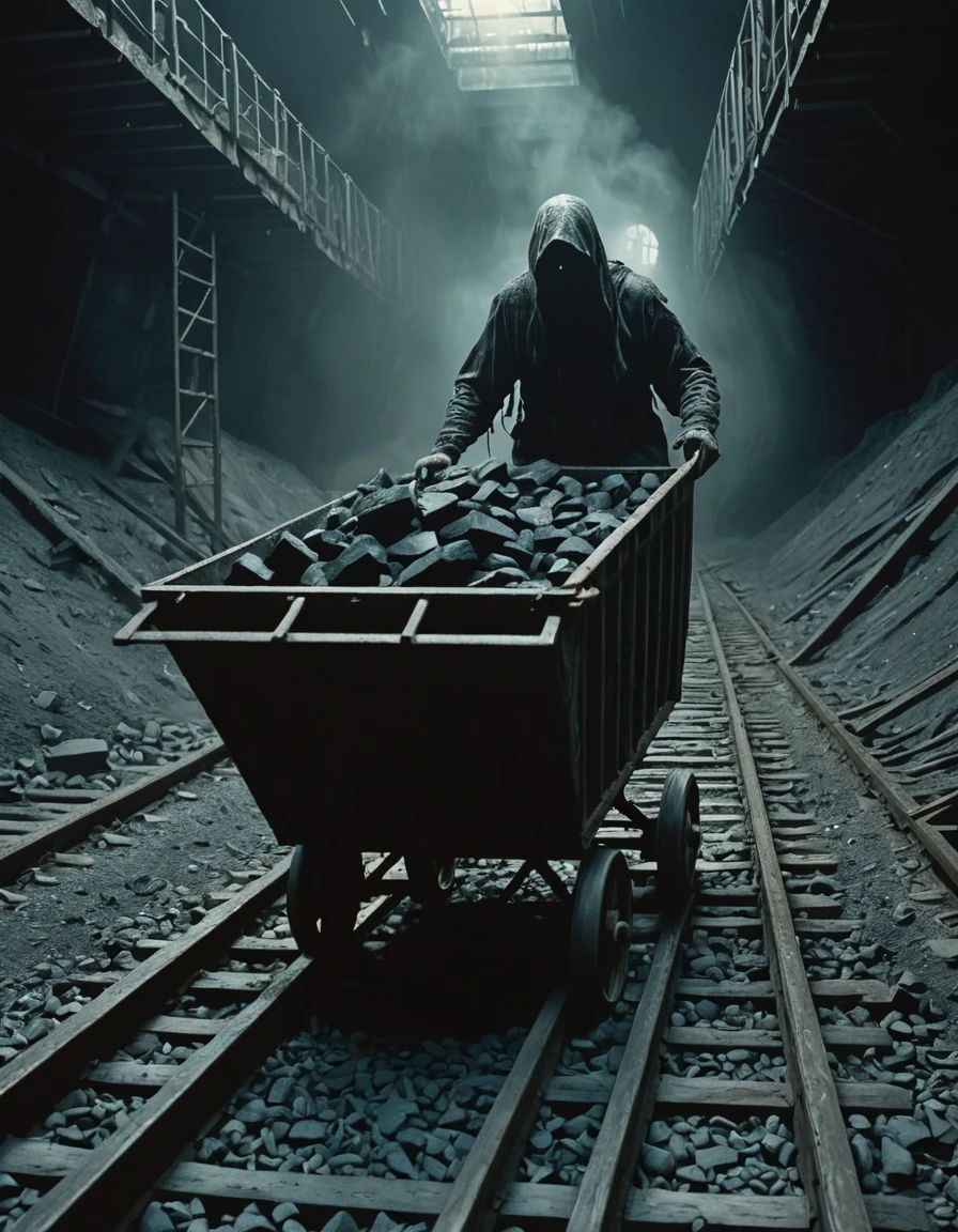 medium full shot shot, A ghostly figure pushing an old 1950 style coal mining cart filled with coal rolling on tracks in an abandoned mine., (High Fantasy Art Magical mythical enchanted epic enigmatic spellbinding :1.3)