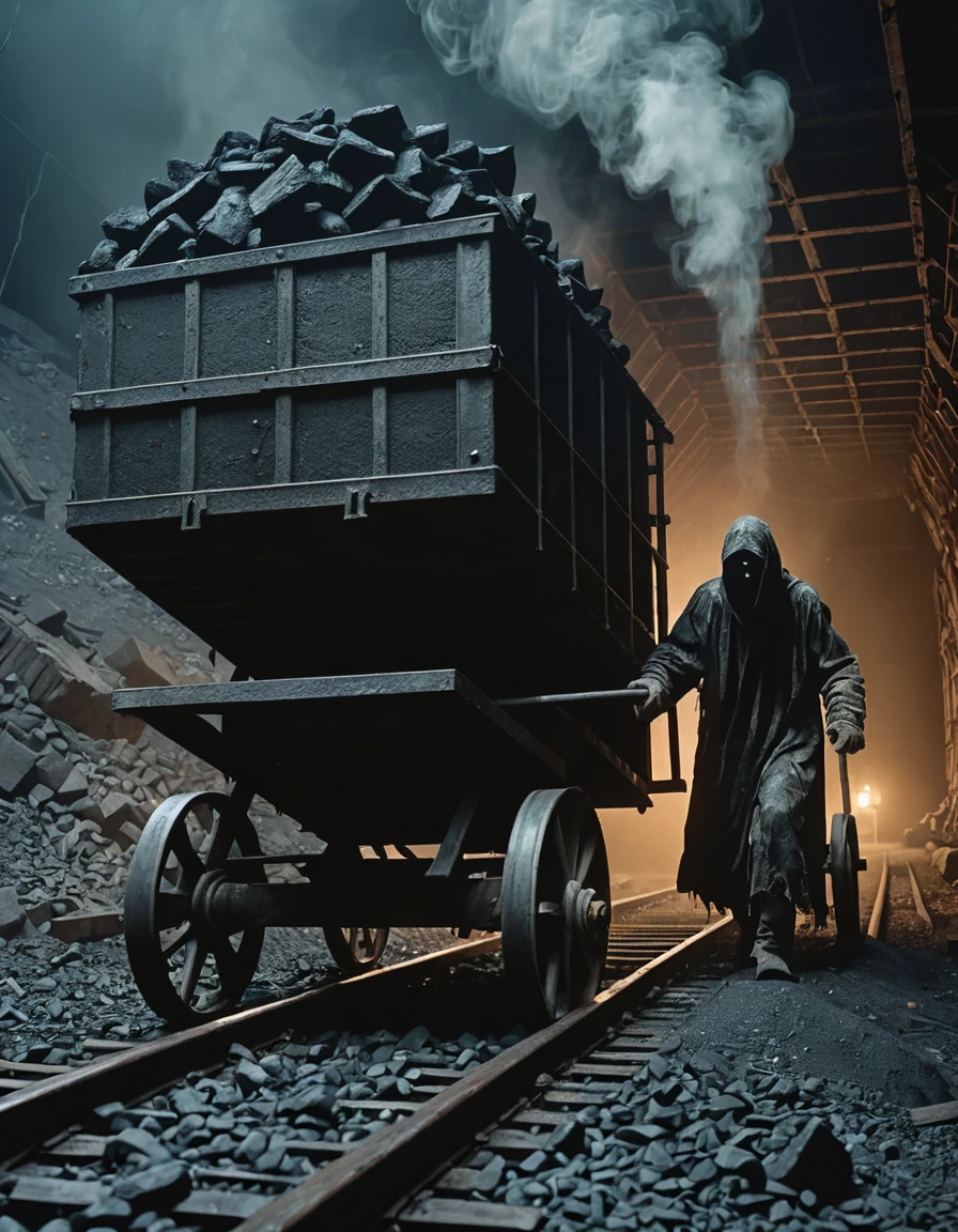medium full shot shot, A ghostly figure pushing an old 1950 style coal mining cart filled with coal rolling on tracks in an abandoned mine., (High Fantasy Art Magical mythical enchanted epic enigmatic spellbinding :1.3)