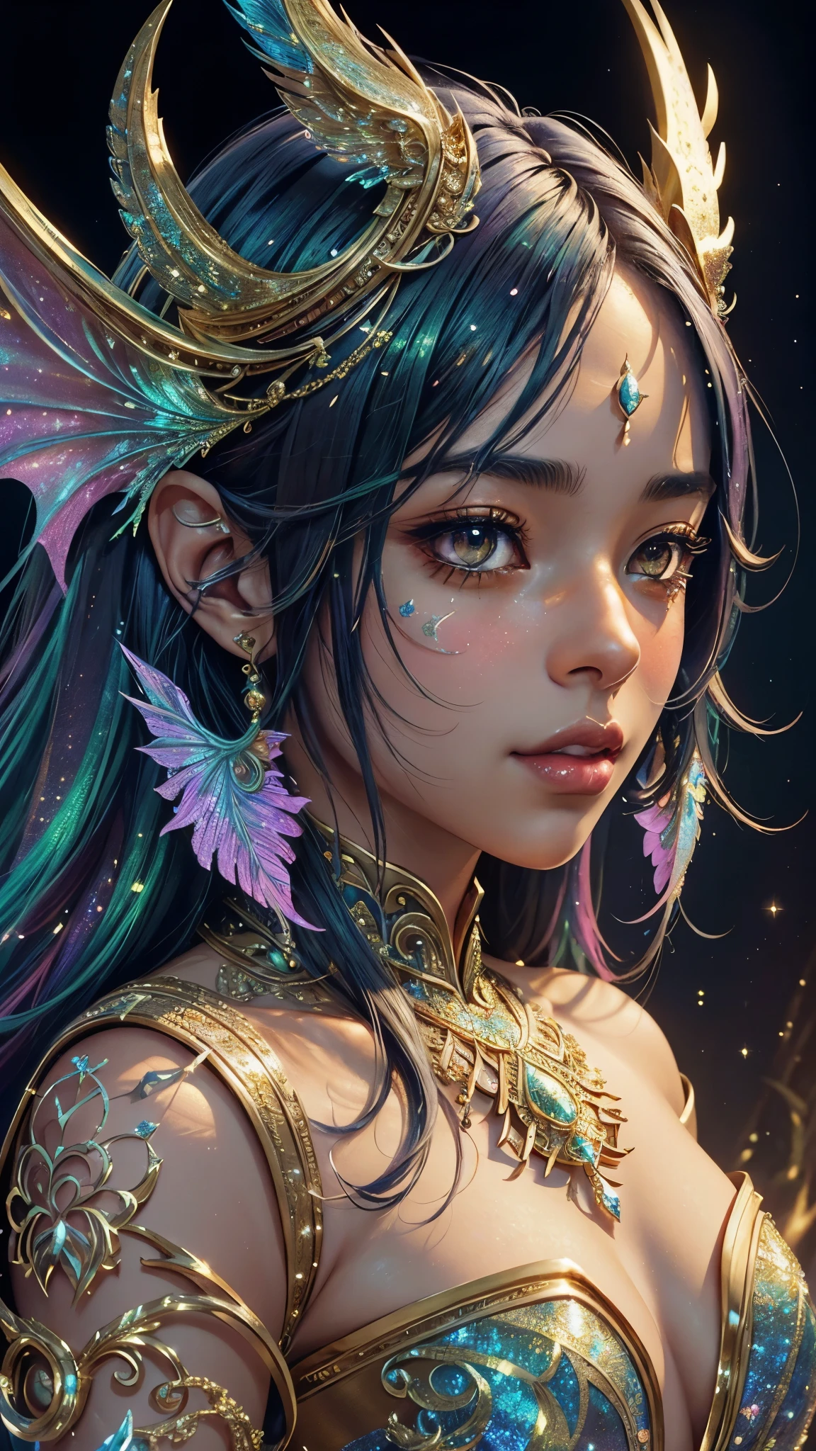 This is a highly detailed and semi-realistic fantasy art image with beautiful layers of shimmer, glimmering silks, and a glittering aesthetic. Create a beautiful and bold dragon woman. The woman resembles (((Aaliyah))). She should have intricate and elegant horns, detailed and multi-colored scales, and a striking face. Her eyes are highly detailed with natural shading and realistic details. Include small and ornate details like smaller dragons and bright feathers. Use soft pastel hues with unexpected pops of bright color. Use compelling composition techniques and fantasy lighting to create a cinematic and unforgettable atmosphere. (((masterpiece))), (((best quality))), ((ultra-detailed)), (highly detailed CG illustration)