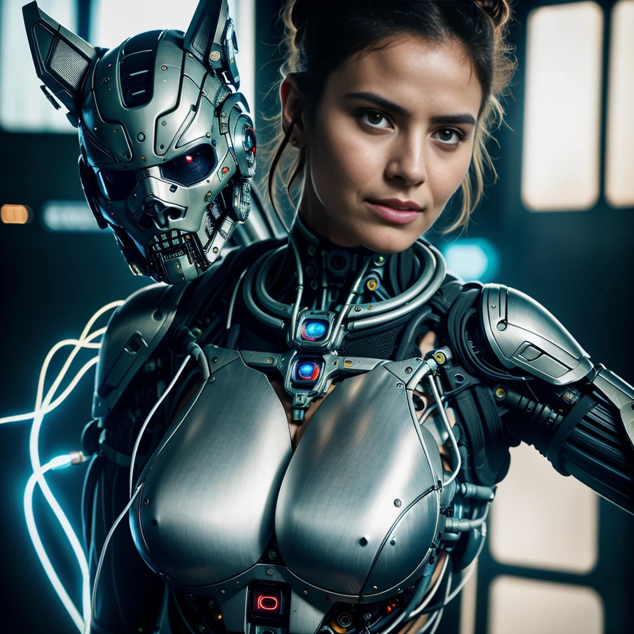 [cat : girl : 7], chest, porcelain face, cyborg, robotic parts, 150 mm, beautiful studio soft light, rim light, vibrant details, cyberpunk, hyperrealistic, anatomical, facial muscles, cable electric wires, microchip, H. R. Giger style, extremely detailed  (realistic, photo-realistic:1.37),Amazing, finely details