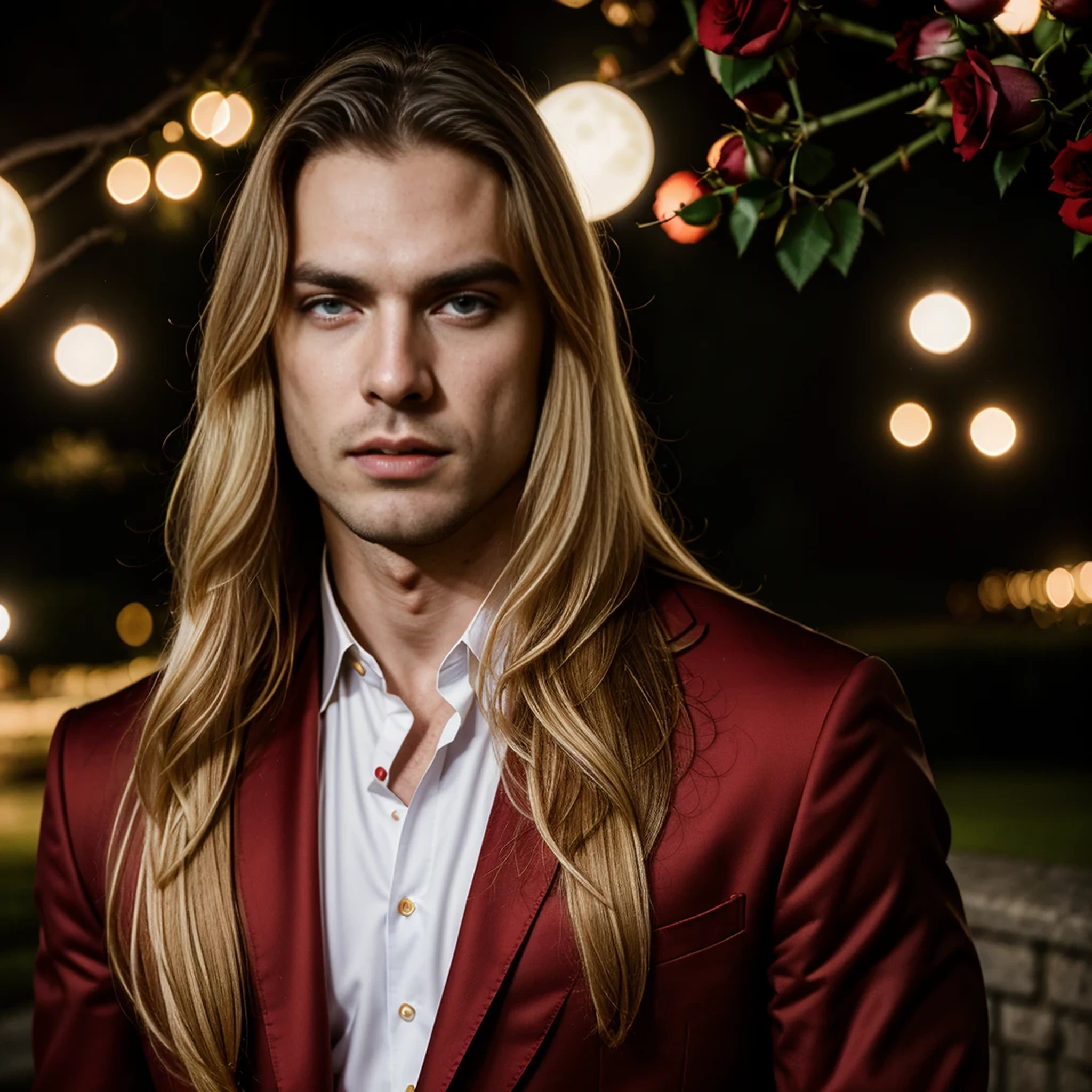 masterpiece, highest quality, (solo focus), (perfect face:1.1), (high detail:1.1), (hyper detailed eyes), dramatic, 1guy, (Pale skin), long blonde hair, (red irises), individual focus, Vampire, long hair, moon, night, Red luxury suit, pouty lips, castle, detailed background, art by artgerm, cinematic lighting, red roses, fashion