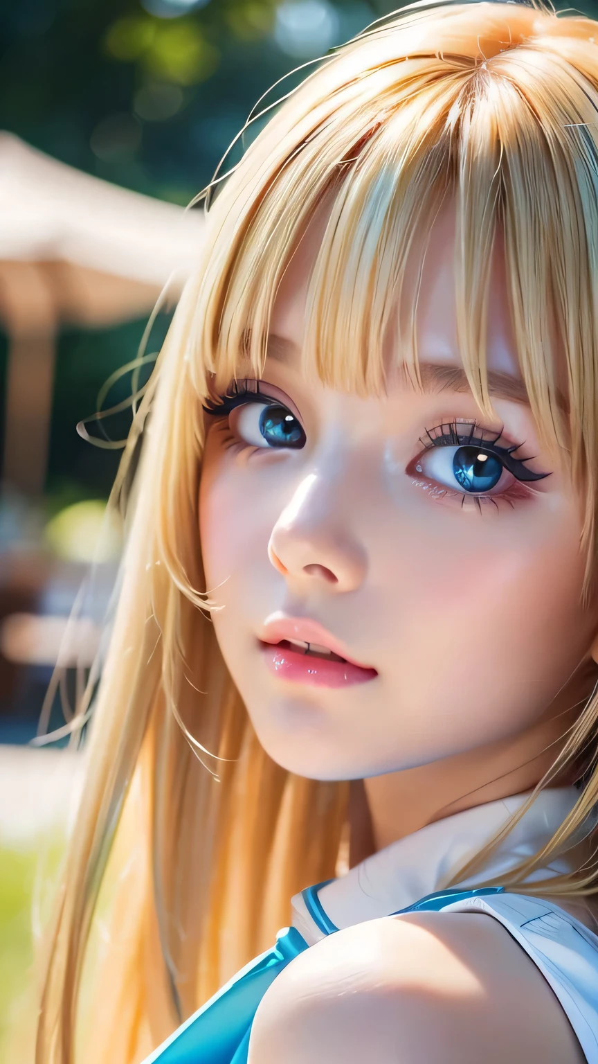 (Close-up:1.4)、(RAW shooting:1.2)、(Photorealistic:1.4)、(masterpiece:1.3)、(highest quality:1.4)、Bright expression、very beautiful blonde girl、Extraordinary blonde beauty、Detailed cute and beautiful face、Beautiful bangs above the eyes、Shiny white glossy skin、Facial hair、Bangs that reach the face、Bangs between the eyes、Super long blonde hair、Attractive bright natural platinum blonde super long straight silky hair、Thin Hair、Attractive shining beautiful bright clear light blue big eyes、White Apron、Yellow dress、eyeliner、Double eyelids、Ample Bust、Upper body、Small Face Beauty、Cheek gloss highlight