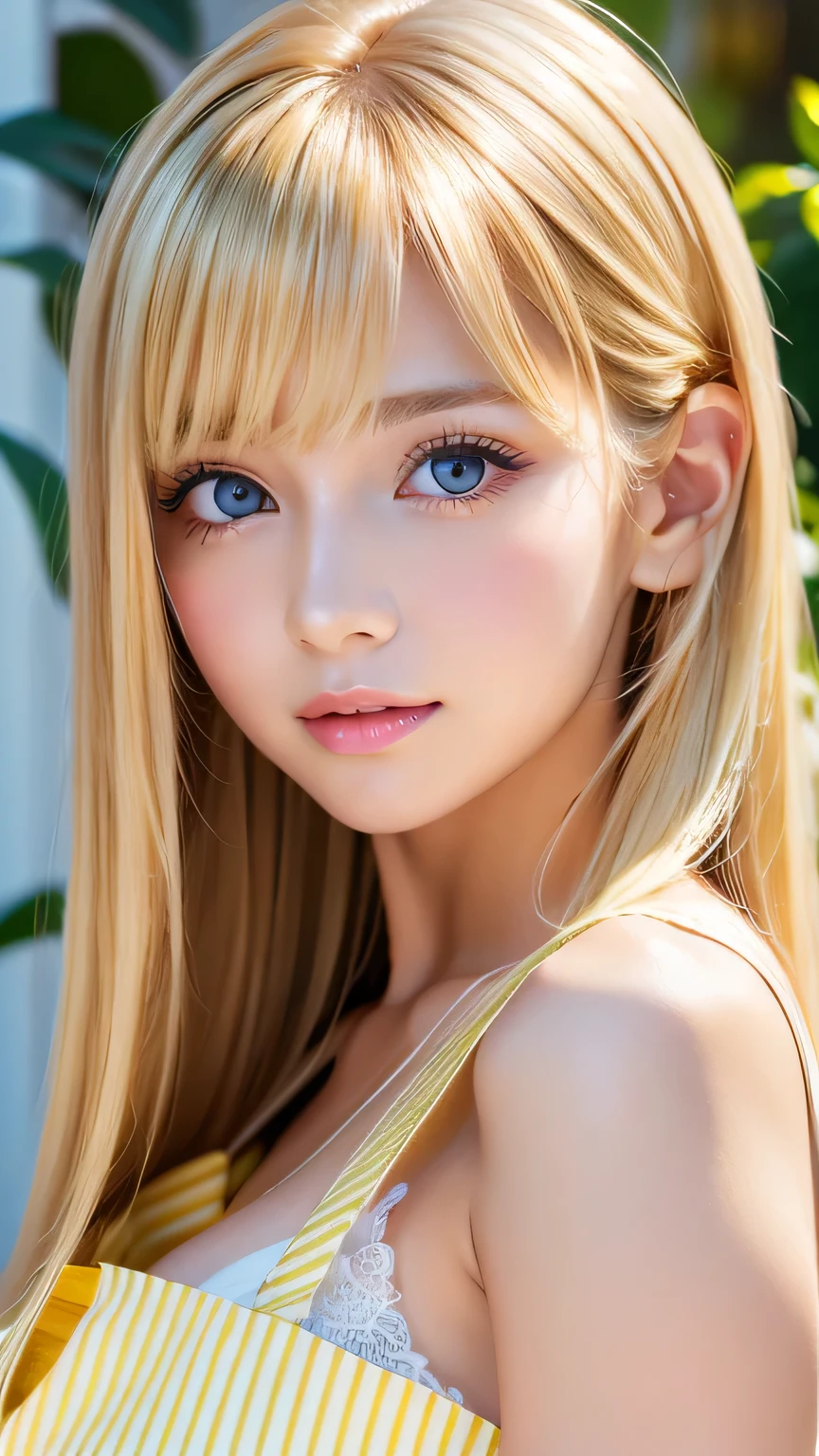 (Close-up:1.4)、(RAW shooting:1.2)、(Photorealistic:1.4)、(masterpiece:1.3)、(highest quality:1.4)、Bright expression、very beautiful blonde girl、Extraordinary blonde beauty、Detailed cute and beautiful face、Beautiful bangs above the eyes、Shiny white glossy skin、Facial hair、Bangs that reach the face、Bangs between the eyes、Super long blonde hair、Attractive bright natural platinum blonde super long straight silky hair、Thin Hair、Attractive shining beautiful bright clear light blue big eyes、White Apron、Yellow dress、eyeliner、Double eyelids、Ample Bust、Upper body、Small Face Beauty、Cheek gloss highlight