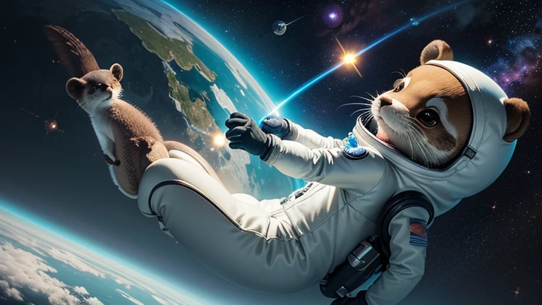 there is a cartoon otter in a space suit with other otters, outter space, outerspace, outer space, in outer space, from outer space, dreaming of outer space, cute otter, otter wearing a space suit, anthropomorphic otter in costume, anthropomorphic furry otter, green aliens in outer space, liminal space in outer space, liminal space in outer space!!!