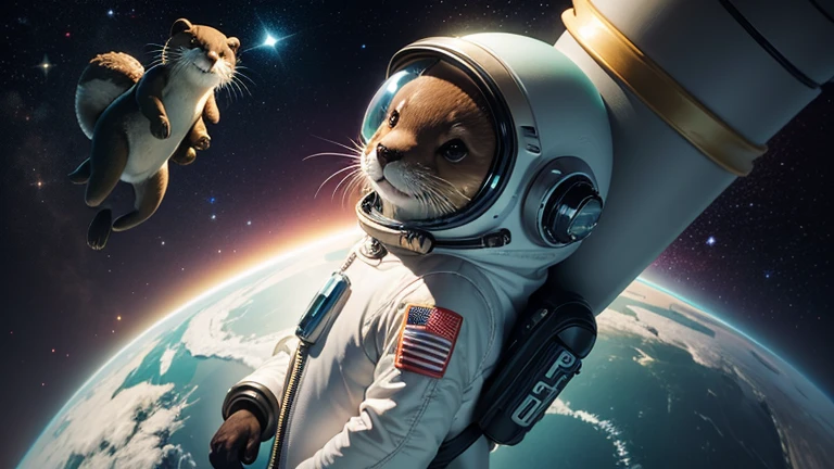 there is a cartoon otter in a space suit with other otters, outter space, outerspace, outer space, in outer space, from outer space, dreaming of outer space, cute otter, otter wearing a space suit, anthropomorphic otter in costume, anthropomorphic furry otter, green aliens in outer space, liminal space in outer space, liminal space in outer space!!!
