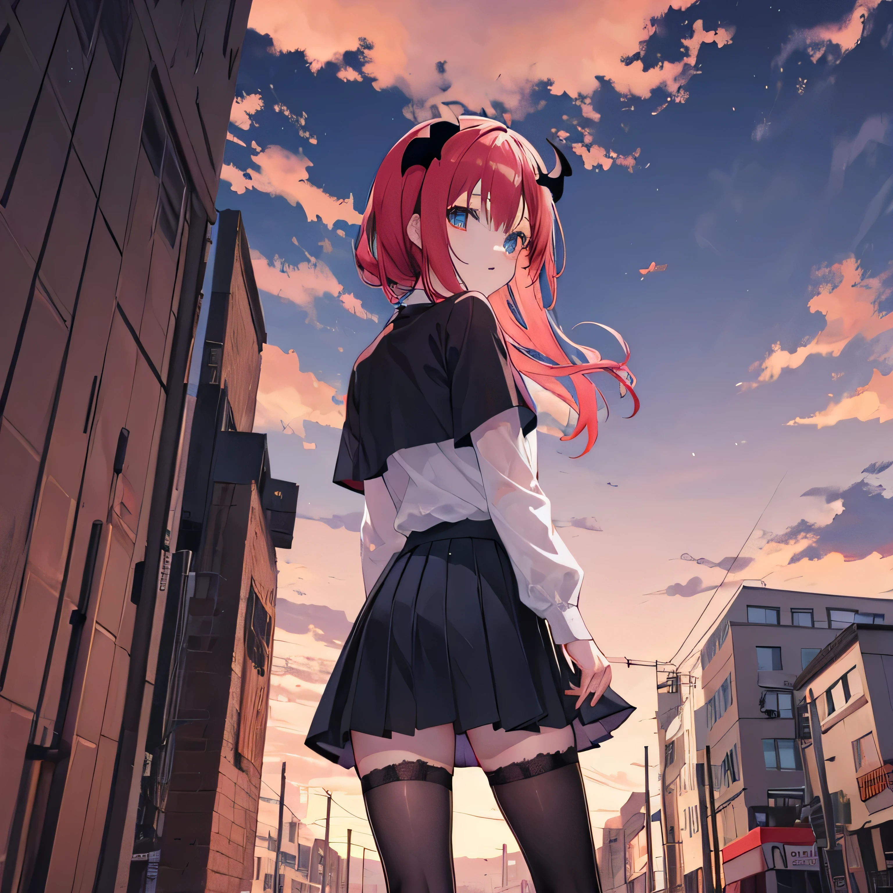 dusk posing  satanichia mcdowell casual attire dark thigh high stockings and skirt