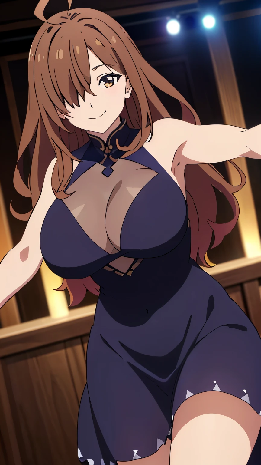 (best quality,8k,high-resolution,masterpiece:1.2),ultra-detailed, anime art style, dynamic angle, detailed brown hair, detailed eyes,wiz,1 girl, solo, adult style, large breasts, smiling, soft expression, long hair, ahoge, side lock, hair covering one eye,(western style party dress, party venue:1.3)