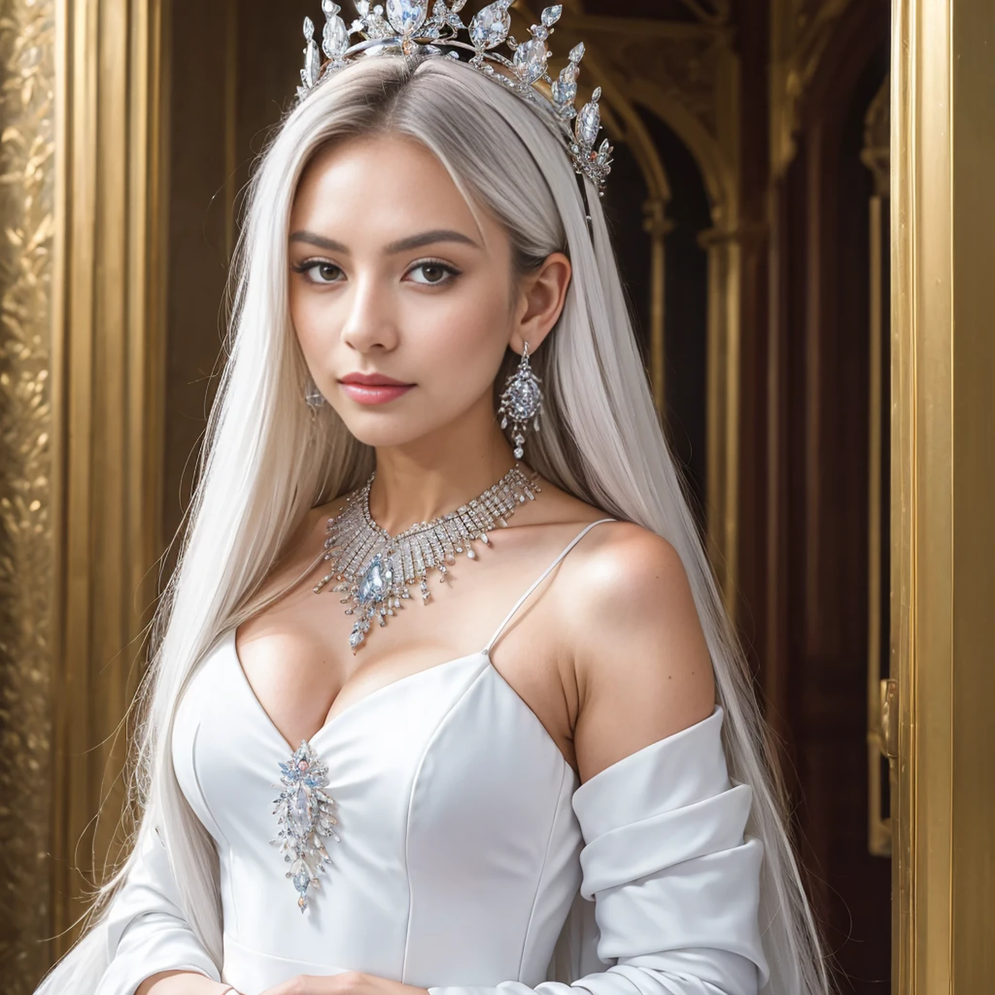 (masterpiece, best quality: 1.4), detailed background, white crystal, crysal cluster,long hair,jewelry, earrings, necklace, crown, bride, white hair, halo,