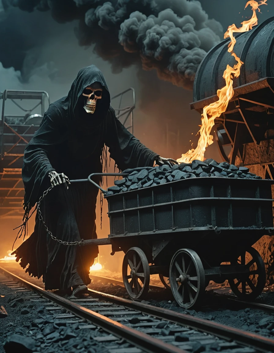 medium full shot shot, A ghostly grim reaper figure with bright shining burning eyes pushing an old 1950 style coal mining cart filled with coal rolling on tracks in an abandoned mine., (High Fantasy Art Magical mythical enchanted epic enigmatic spellbinding :1.3)