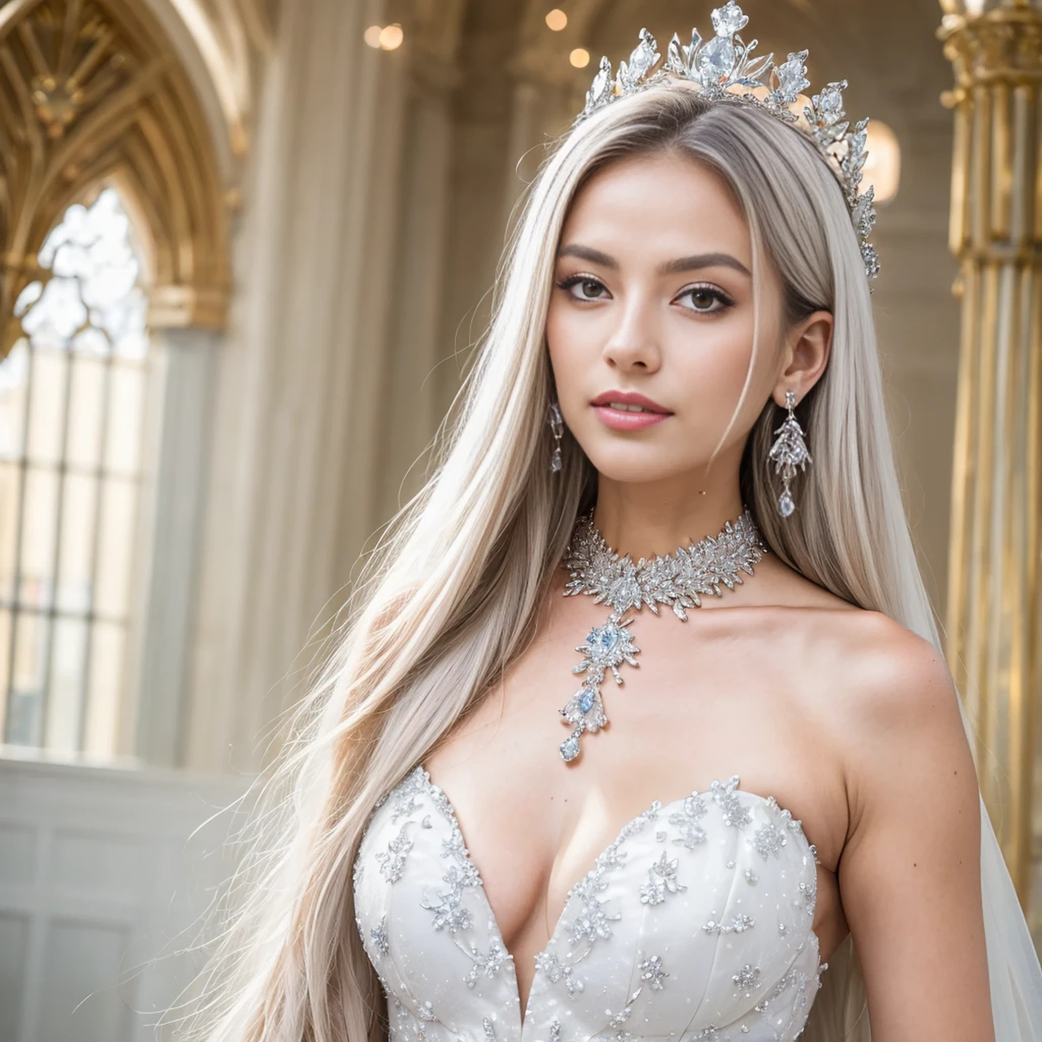 (masterpiece, best quality: 1.4), detailed background, white crystal, crysal cluster,long hair,jewelry, earrings, necklace, crown, bride, white hair, halo,