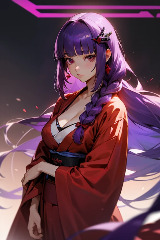 1 girl, Blunt bangs, Braiding, Wide sleeves, hair ornaments, kimono, Purple and red dress、(Purple Hair:1.2), Very long hair, Straight hair, Looking at the audience, Highly detailed background, (Realistic:1.2), Beautiful Eyes, Red eyeshadow, Written boundary depth,thigh, (Ulzzang-6500:0.7), Upper Body, (alone:1.2), (Cyberpunk City:1.1), Cleavage, Shiny skin、Hair blowing in the wind、