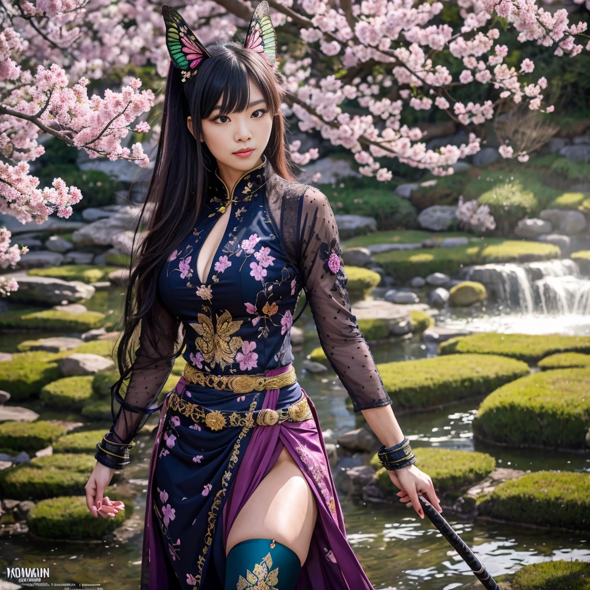 Extremely detailed and high-resolution masterpiece of Kocho Shinobu, the beautiful and deadly Demon Slayer in dynamic action. Add emphasis on the intricate details of her butterfly-themed outfit and the fierce expression on her face. Set the scene at twilight, with a serene pond and cherry blossom petals in the background. Use rich colors and volumetric light to create a sense of ethereal beauty and power.