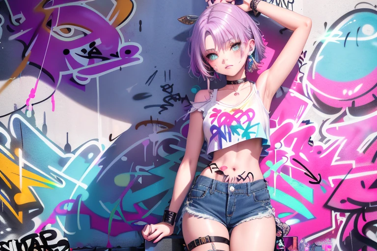 1girl, solo, crop top, denim shorts, choker, (graffiti:1.5), paint splatter, wall, looking at viewer, armband, thigh strap, head tilt, multicolored hair, aqua eyes, sensual pose, side view, full shot, (Highly detailed), (high resolution), (Best quality), (masterpiece)