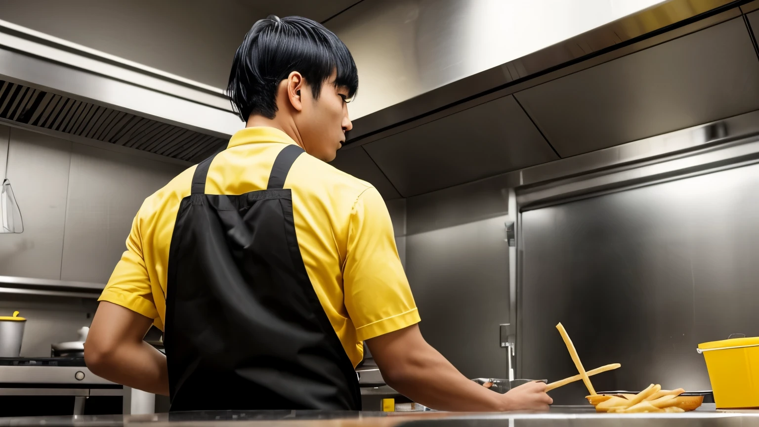 Depressive, photo of a slim asian young man, his back to the camera, kitchen of a fast food restaurant, frying french fries in boiling yellow oil, black and yellow uniform, black hairnet, high resolution, black hair, bangs, messy hair, speed lines, 4k, UHD, UHD, UHD, masterpiece, ccurate, best quality