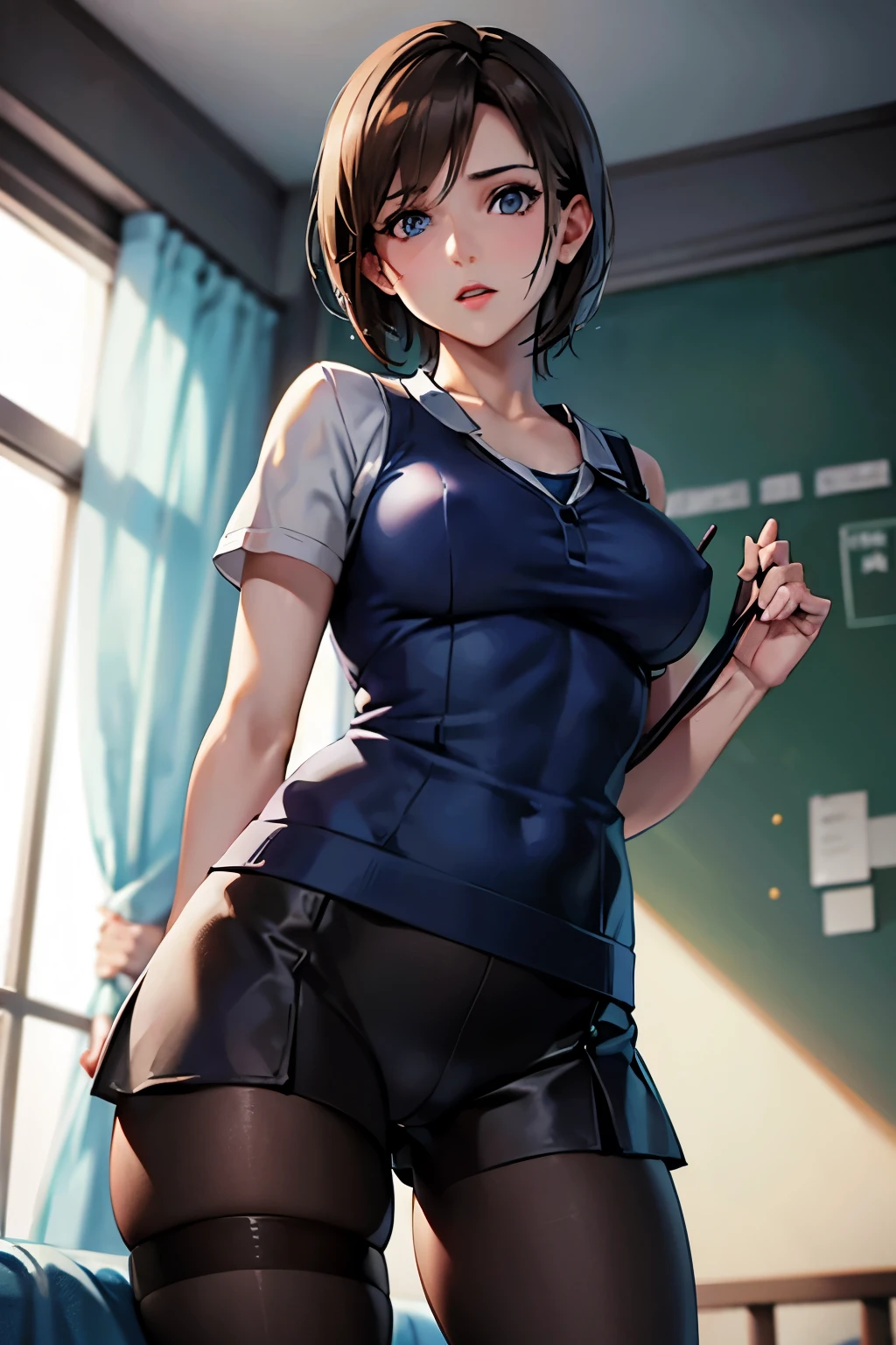 Jill Valentine、resident evil、Brown Hair、Short Hair、((pantyhose))、Photo from below、Medium chest、Bedroom、Swimsuit、((school uniform))、