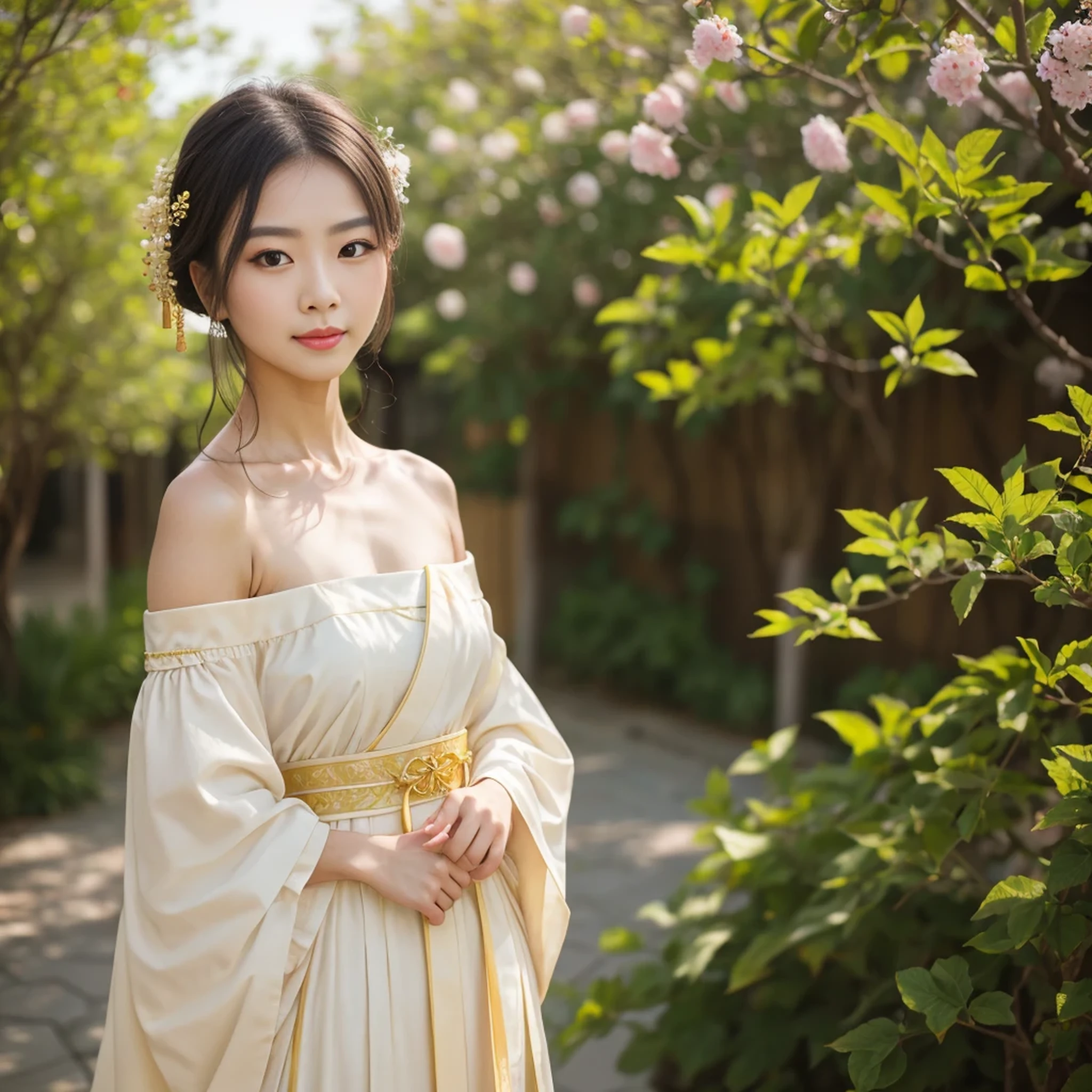 Best Quality, Masterpiece, High Resolution, 1girl, Hanfu, Tang Dynasty Costume, Small, Flat Chest, Collarbone, Off-the-Shoulder Exquisite Face, Realistic, Real People, (High Detail Skin: 1.4), SLR, Soft Light, High Quality, Photo, High Resolution, Background Bokeh, Vintage Street