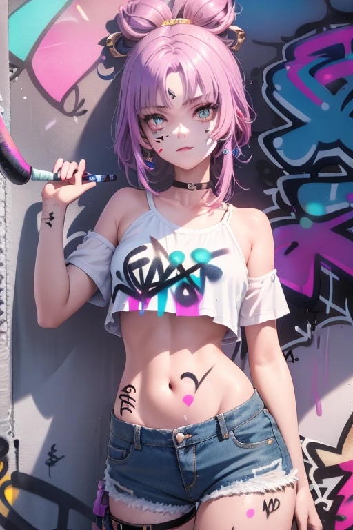 1girl, solo, crop top, denim shorts, choker, (graffiti:1.5), paint splatter, wall, looking at viewer, armband, thigh strap, head tilt, multicolored hair, aqua eyes, sensual pose, side view, full shot, (Highly detailed), (high resolution), (Best quality), (masterpiece)