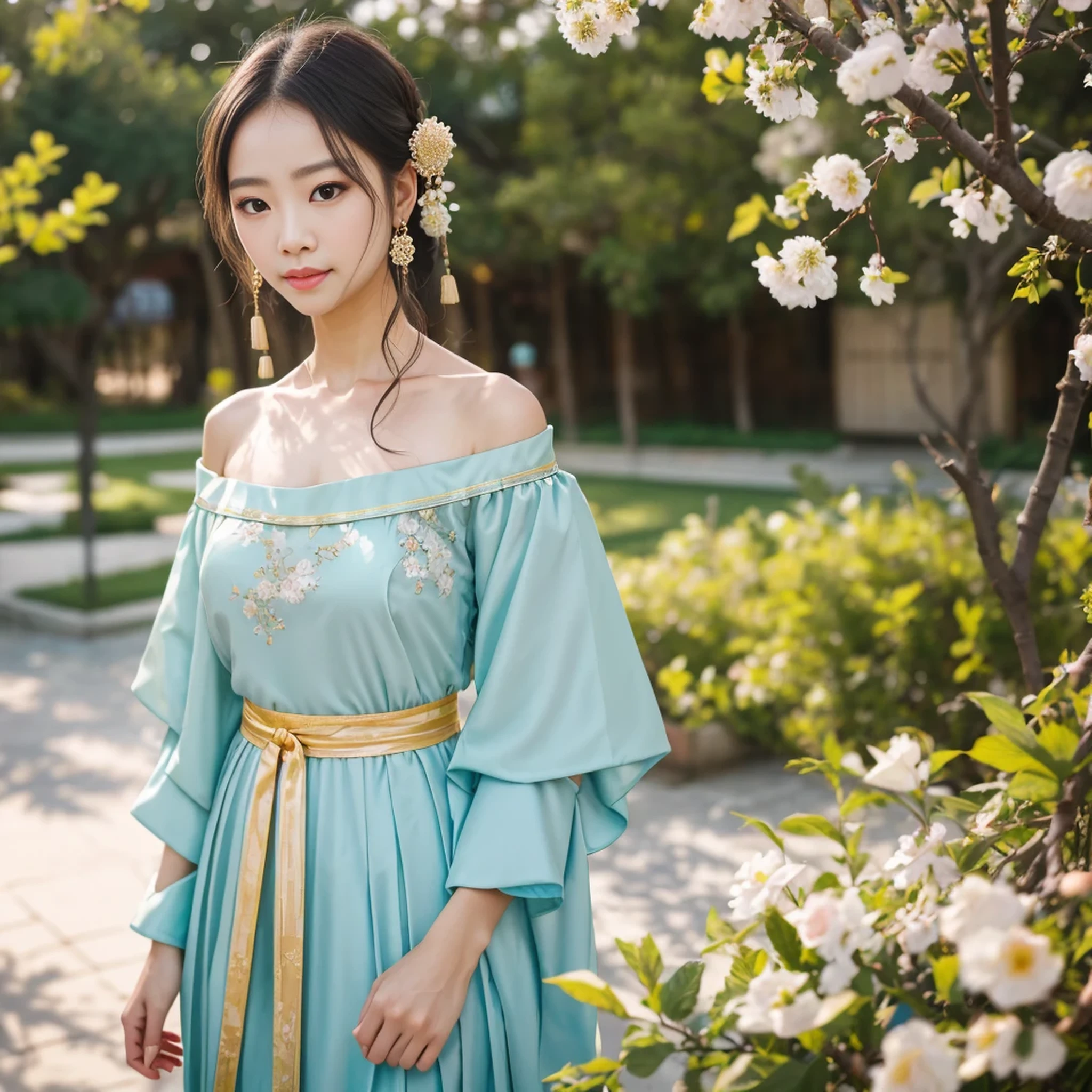 Best Quality, Masterpiece, High Resolution, 1girl, Hanfu, Tang Dynasty Costume, Small, Flat Chest, Collarbone, Off-the-Shoulder Exquisite Face, Realistic, Real People, (High Detail Skin: 1.4), SLR, Soft Light, High Quality, Photo, High Resolution, Background Bokeh, Vintage Street