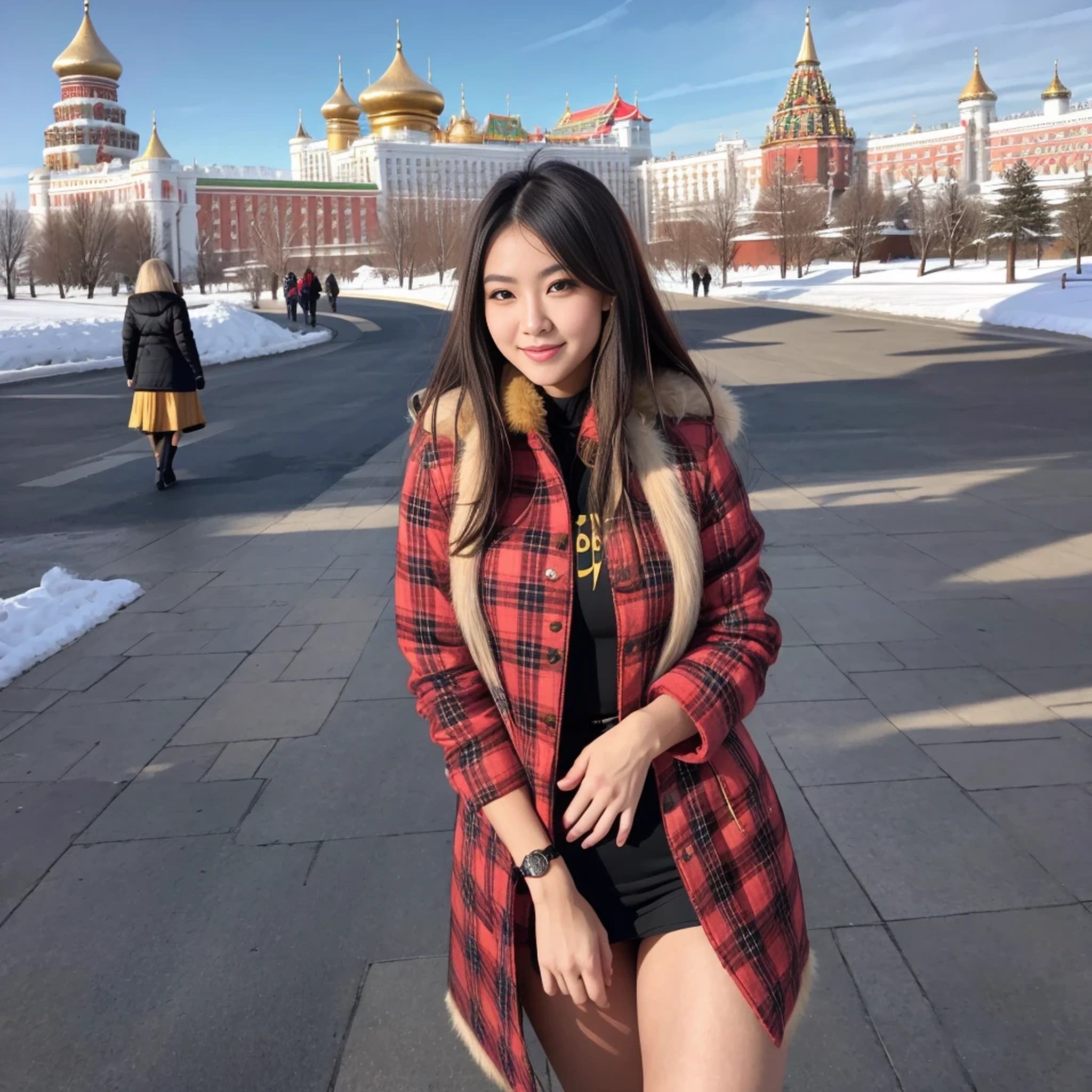 1girl, plaid shirt, fur coat, Kremlin Palace background, outdoo, beehive,best quality, ultra high res, photorealistic,