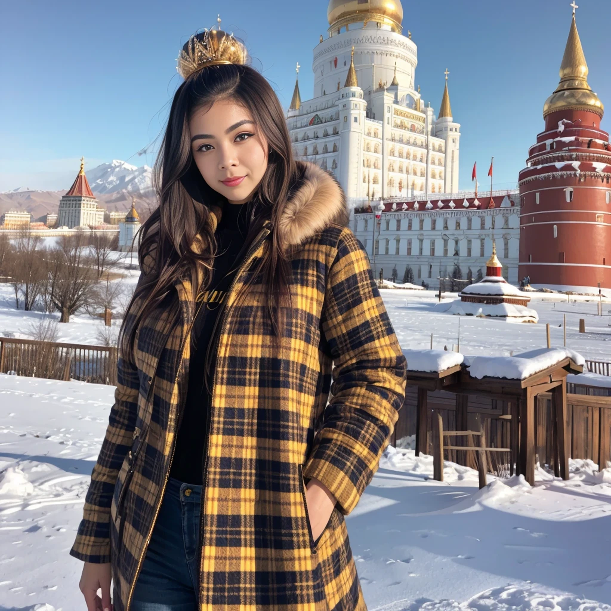 1girl, plaid shirt, fur coat, Kremlin Palace background, outdoo, beehive,best quality, ultra high res, photorealistic,