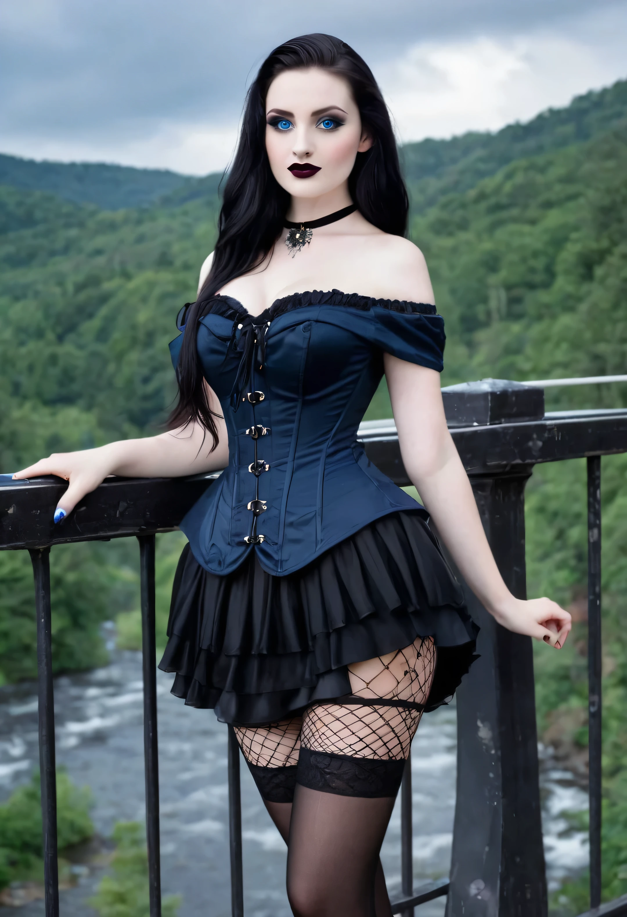 Beautiful goth lady, masterpiece), best quality, expressive eyes, perfect face ,beautiful blue eyes, mascara,white body skin, blushing face, beautiful smile, beautiful juicy black colured lipstick , Stick to dark colors or shades of black with subtle accents in neutrals or white. , open beautiful white neck,big beautiful curved breasts slim figured, curved back,Wear a collared off shoulder shirt with dark skirt or a black skirt of any length. Wear corsets for a dressy touch. Corsets are a staple of the feminine side of gothic fashion long legs, net net pantyhose, black heels, beautiful blue moon view background , beautiful thighs wearing heals in foot, standing on heels, full shot pic, contraappsto , standing on bridge