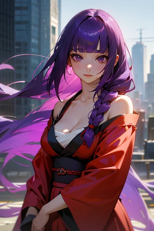 1 girl, Blunt bangs, Braiding, Wide sleeves, hair ornaments, kimono, Purple and red dress、(Purple Hair:1.2), Very long hair, Straight hair, Looking at the audience, Highly detailed background, (Realistic:1.2), Beautiful Eyes, Red eyeshadow, Written boundary depth,thigh, (Ulzzang-6500:0.7), Upper Body, (alone:1.2), (Cyberpunk City:1.1), Cleavage, Shiny skin、Hair blowing in the wind、