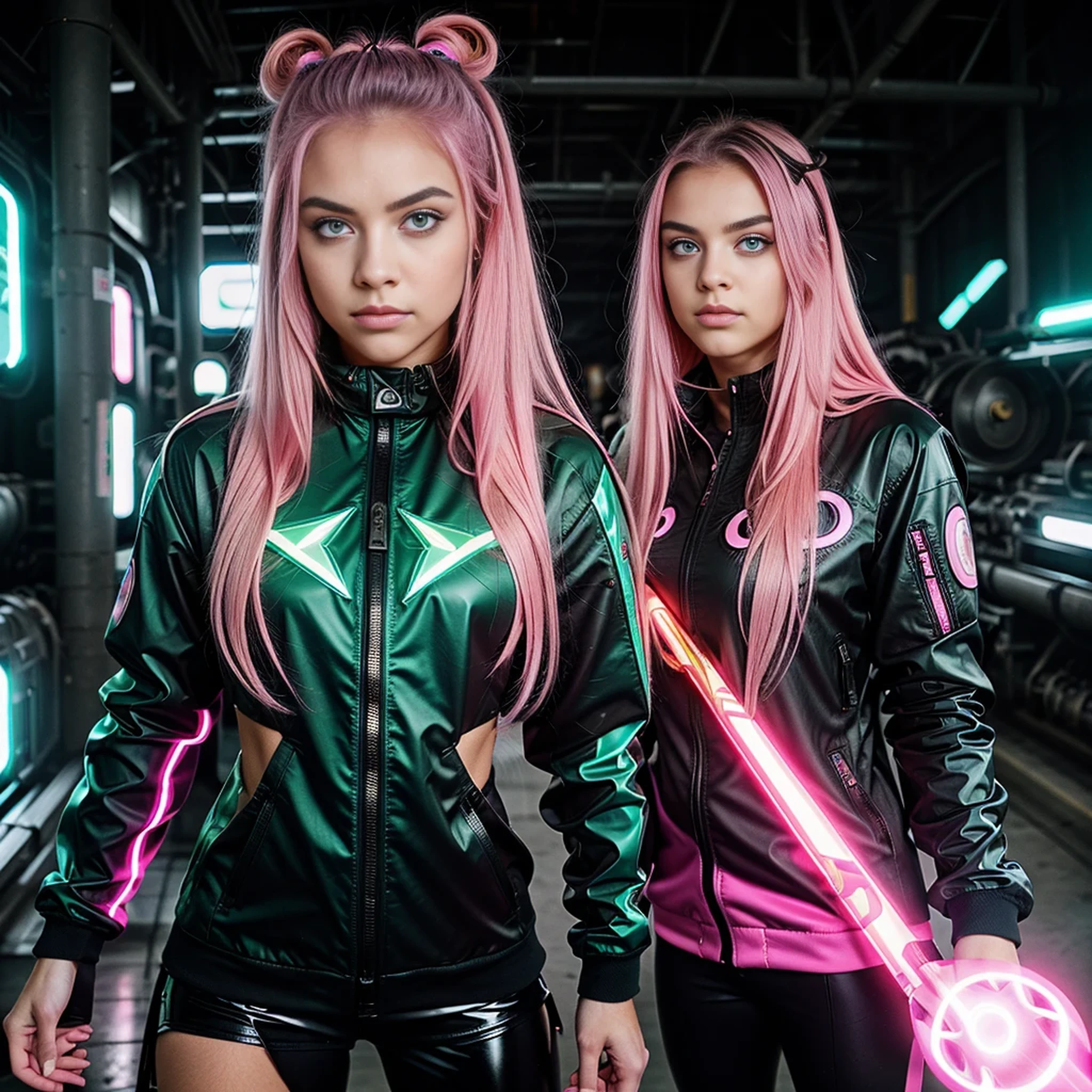 ((Masterpiece))) Full Body, Full Body Shot (One Girl) ((Pink Hair, Long Hair, Straight Hair, Both Sides Up))), ((Green Eyes))), Eyeshadow, Eyeliner, Glow Eye, Hyper Detail Eye, Complex Eyes, Beautiful Eyes, Detailed Eyes, (((Star-shaped pupils, glowing pink pupils))) 18 year old girls. (wearing a transparent jacket made of PVC material)) huge cool weapon machine in hand, huge cool weapon machine, mech, mechanism, machine, open stance, coalescing